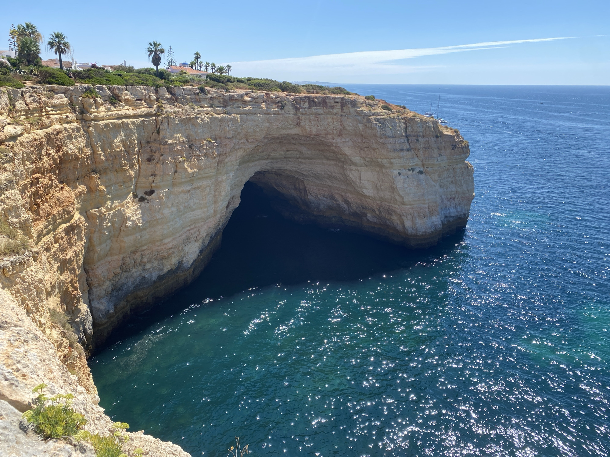 The image depicts the sea cave of Benagil, located on the coast of Lagoa e Carvoeiro, Portugal. The cave is carved into a tall, layered limestone cliff face, with the opening facing the brilliant blue ocean. Sunlight streams into the cave, illuminating the deep turquoise water within. The sea outside the cave is a vibrant azure, with whitecaps reflecting the bright sunlight. On the clifftop above the cave, palm trees and lush green vegetation dot the landscape, with white buildings visible in the distance. The sky is a clear, cloudless blue. There are no people or boats visible in or around the cave. The overall scene is one of natural beauty and geological wonder.