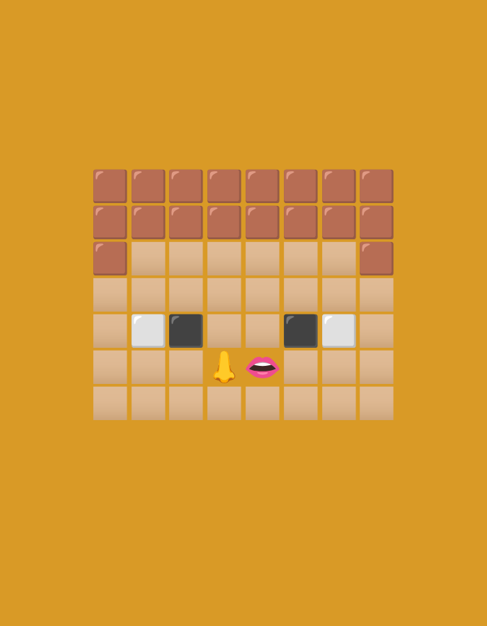 An abstract image features a pixelated representation of a chick's face against an orange background. The chick's head is composed of rows of brown and tan squares. The top two rows are filled with brown squares, representing hair or feathers. The subsequent rows transition to tan squares, forming the chick's face. Two black squares with white centers represent eyes, and a yellow nose emoji is centered below them. A pink mouth emoji is situated below the nose. The remaining tan squares fill out the face structure. The image is centrally aligned on the canvas.