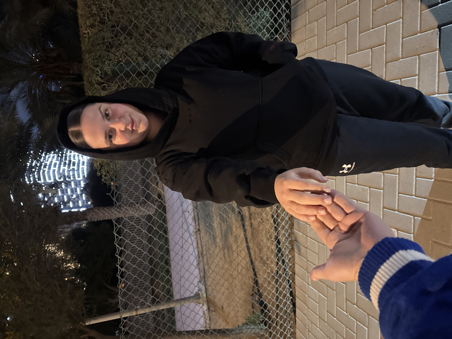 A person in a black hoodie and sweatpants stands outside near a chainlink fence, palm trees, and lit trees. They are extending their hand to another person who is wearing a blue and white jacket. The background consists of a brick walkway. The photograph is rotated, with the top of the subjects facing left.