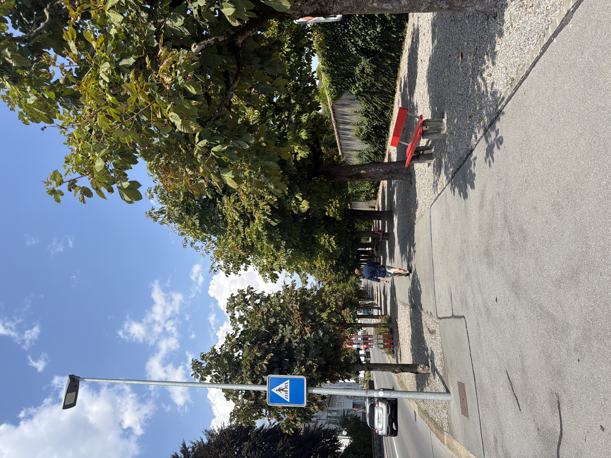An eye-level shot captures a sidewalk on a sunny day, lined with trees and a street. A lone man walks away from the camera on the sidewalk. He is wearing a dark blue shirt and light-colored shorts. To his left, a silver car is parked on the street. A pedestrian crossing sign stands near the man. Further down the sidewalk, a bright red bench is visible. The background features a wall covered in green ivy and the sky is blue with scattered white clouds. The scene appears to be in an urban or suburban setting.