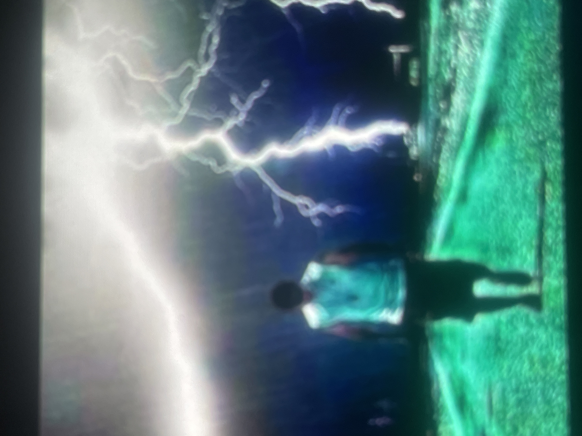 This image, set in the city of Zelenyi Hai, Ukraine, presents a dramatic, stylized outdoor scene. A single individual is prominently featured from behind, positioned centrally on a vividly green, grassy path or road that recedes into the distance. The person wears a light-colored sleeveless top, likely teal or light blue, and dark shorts, with their head obscured by shadow or distance. Above, the sky is dark, transitioning from deep blue to black, and is intensely illuminated by numerous bright white lightning bolts. These lightning strikes are thick, branching, and highly luminous, dominating the upper half of the composition and casting an ethereal glow over the environment. The overall impression is one of a powerful, perhaps ominous, natural event occurring within a highly saturated and visually striking landscape.