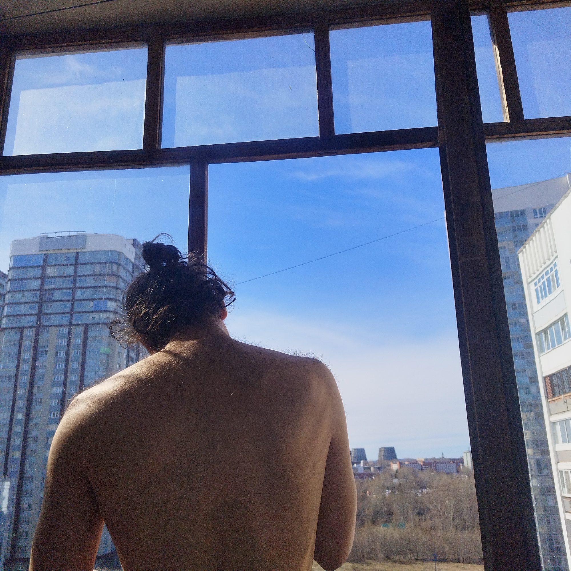 The image shows a back view of a person looking out a large, multi-paned window. The individual, appearing male, is shirtless with dark, curly hair tied in a bun on top of their head. Their back and shoulders are visible, illuminated by bright daylight, highlighting some body hair.
Beyond the dark-framed window, a clear, intense blue sky fills much of the upper view, indicating a sunny day. The glass itself appears to have some smudges or dust. An urban landscape is visible through the window. On the left, a tall, modern building with a blue-tinted glass facade and numerous windows dominates the immediate background. On the right, part of a lighter-colored multi-story building with many windows is also visible. Further in the distance, a sprawling cityscape can be seen, with more buildings and a section of bare trees or woodland, suggesting a season like late winter or early spring. In the far background, faint outlines of industrial structures or buildings are discernible.
The overall scene conveys a sense of quiet observation or contemplation. The time of day is bright and sunny, likely morning or early afternoon. No visible text is present in the image.