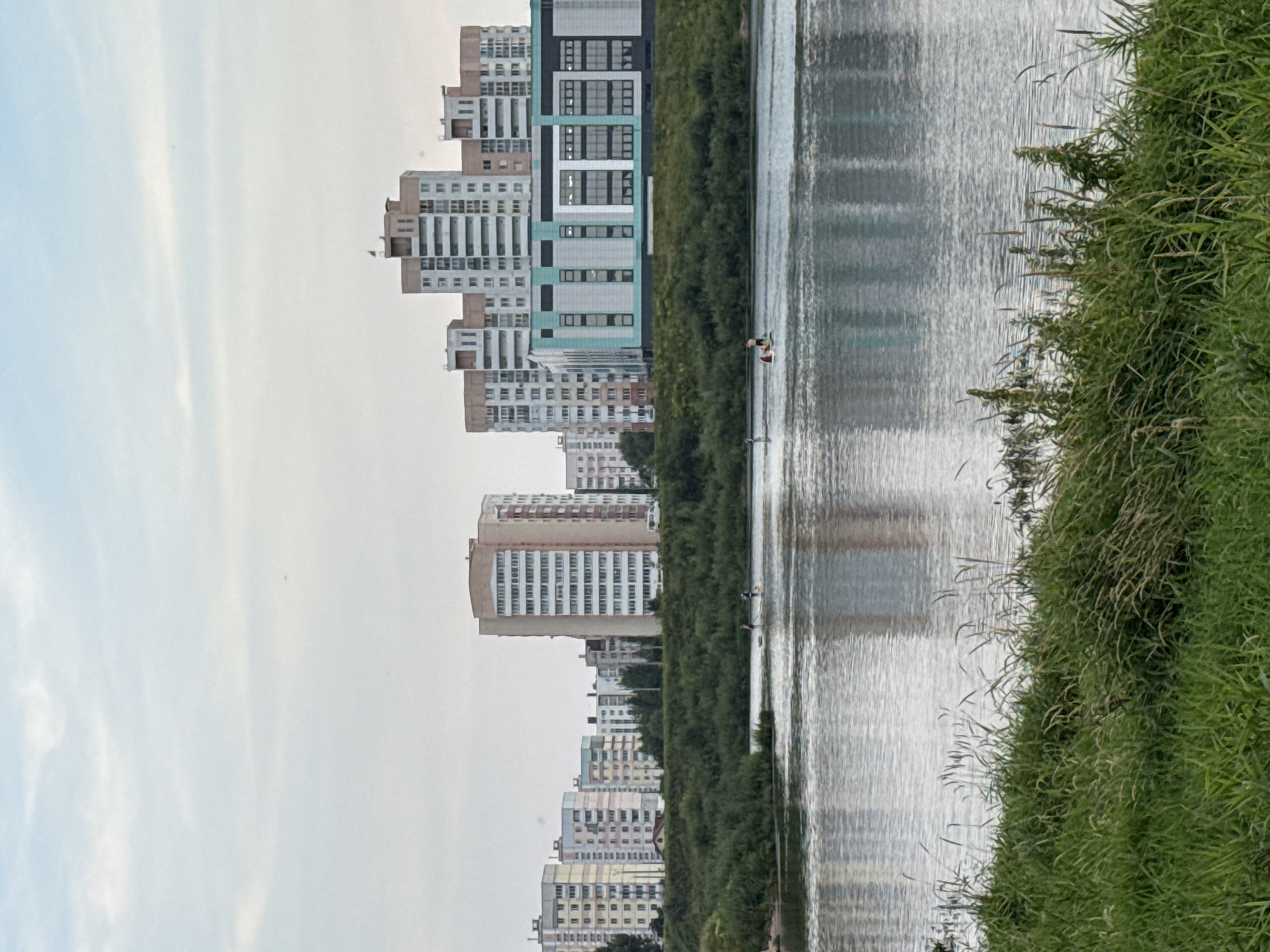 The image depicts a wide, calm river in the foreground, with lush green grass and reeds lining the near bank. In the middle ground, several people are stand-up paddleboarding on the water. The background features a densely built urban landscape dominated by multi-story apartment buildings and a modern, light-blue and grey structure, likely a commercial or institutional building. The buildings appear to be located in the Dnieper River floodplain, a common characteristic of Mahilyow, Belarus, where the city is situated along the Dnieper. The sky is overcast with light clouds, suggesting a diffused daylight. The overall scene conveys a sense of urban development juxtaposed with recreational water activities.