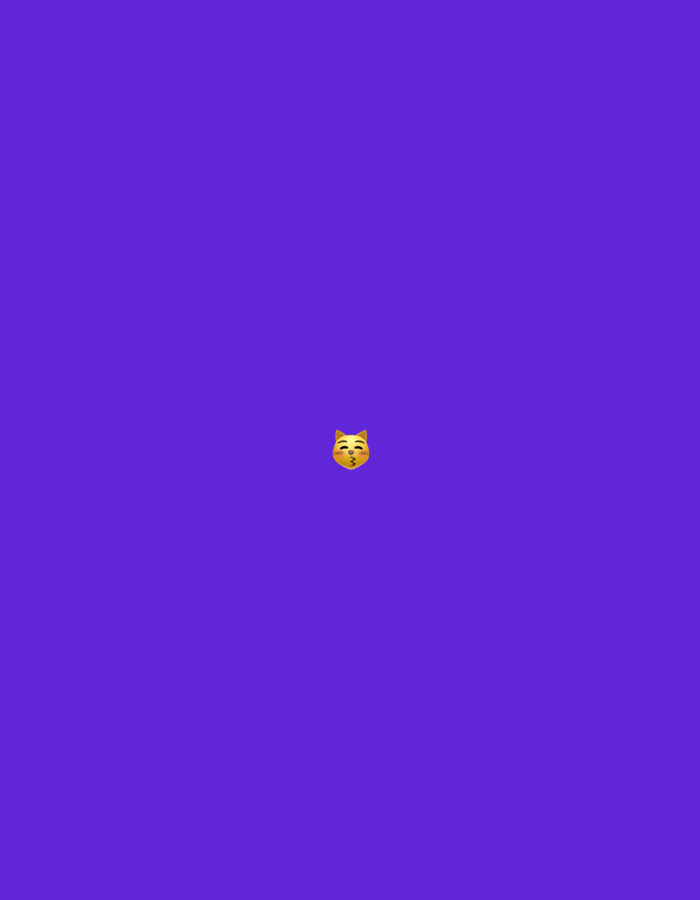 The image displays a solid, uniform purple background. Centrally positioned on this background is a single cat face emoji (U+1F63B). The emoji is rendered in yellow and orange hues, featuring closed eyes, prominent pink cheeks, and puckered lips, conveying an expression of blowing a kiss or whistling. No other subjects, objects, or environmental details are present. The image contains no visual information that allows for the identification of a specific geographical location, such as the city of Santa Ana, Venezuela. No people, structures, or natural features are depicted.