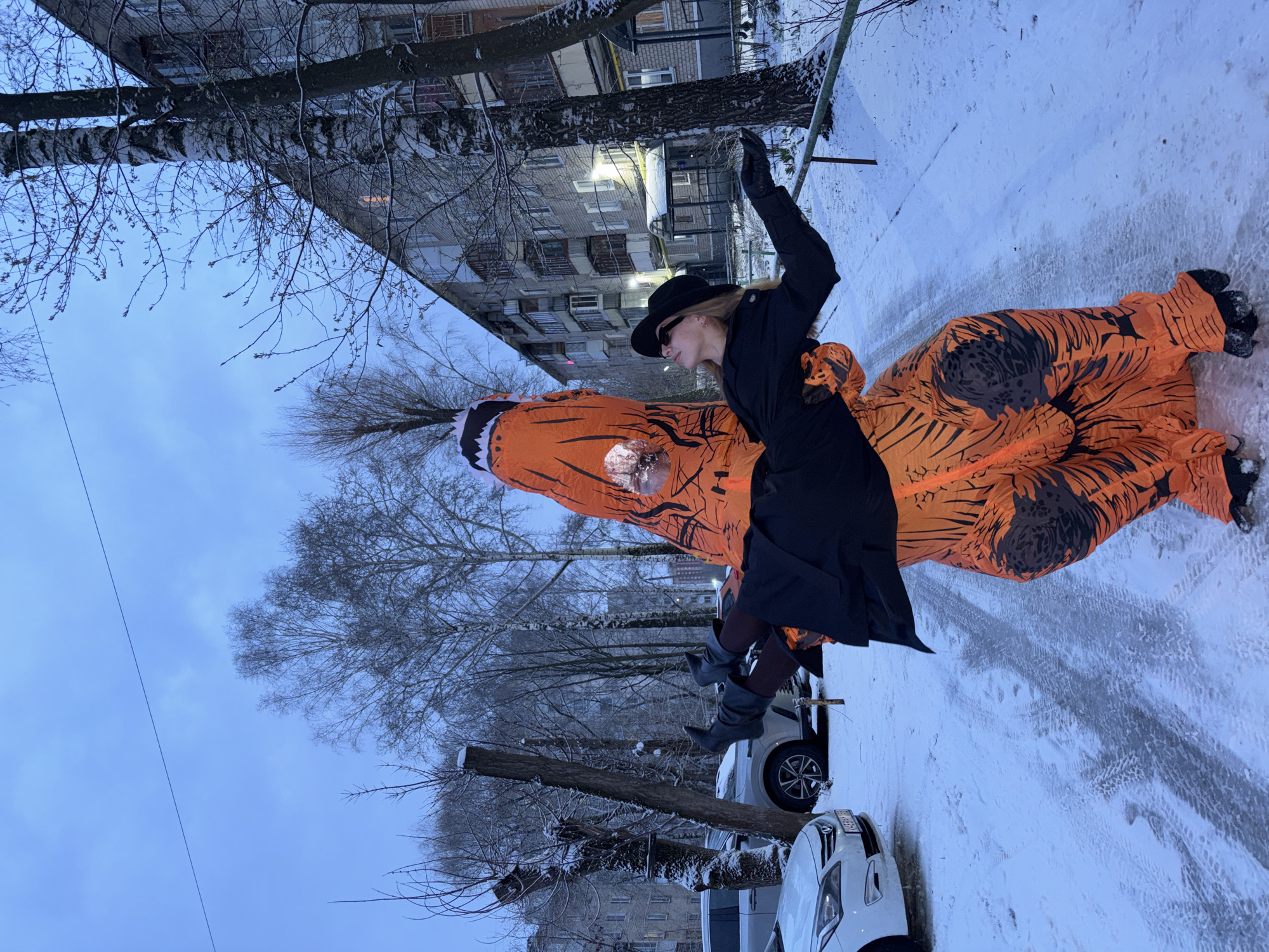 The image displays a playful winter scene set on a snow-covered street in an urban residential area, likely Perm, Russia. The central figures are a person dressed in a long black coat, black fedora hat, black gloves, and sunglasses, alongside a large, inflatable orange dinosaur costume (resembling a T-Rex) with black stripes. The person is positioned dynamically, seemingly interacting with or riding the dinosaur, suggesting a whimsical or humorous event.
The background features several multi-story apartment buildings, typical of Soviet-era architecture, with some windows dimly lit. Bare deciduous trees, including a prominent birch, line the street and are partially covered in snow. The ground is uniformly covered in snow, with clear tire tracks visible on the street surface. Parked cars are visible, including a white sedan whose Russian license plate clearly displays "H968MM" and the region code "59 RUS," confirming the Perm location. The sky is an overcast pale blue, indicating either late afternoon or early evening. The overall atmosphere is cold and wintry, contrasted by the lighthearted and unusual activity unfolding in the foreground.