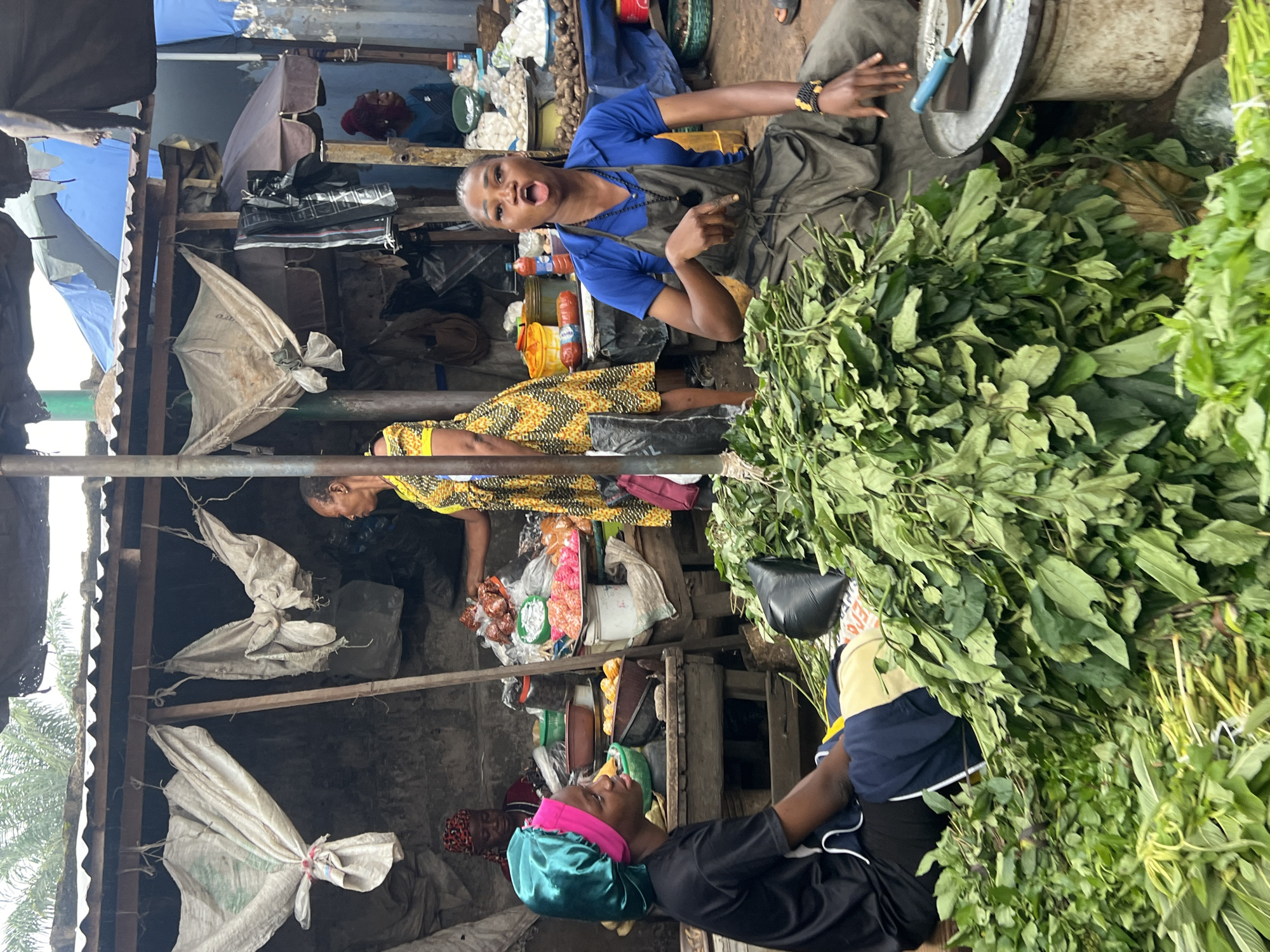 In Nkpor, Nigeria, a bustling open-air market scene unfolds. The foreground is dominated by a large, overflowing pile of fresh, green leafy vegetables, likely for sale. To the right, a young Black woman in a blue shirt and dark apron sits, gesturing animatedly with her left hand, her mouth open as if speaking. She wears a beaded necklace and a beaded bracelet on her right wrist. Next to her, a metal scale holds kitchen utensils. To the left, another young Black woman, wearing a vibrant teal satin bonnet and a black t-shirt, sits facing the market stalls, looking towards them. In the background, several market stalls are visible, constructed from wood and corrugated metal. One stall displays various goods, including what appear to be packaged food items, spices, and produce like yams. A Black woman in a red headwrap is visible behind the counter of this stall. Further back, more stalls are covered with tarps of various colors, including blue and brown. The overall impression is one of a lively and active marketplace.