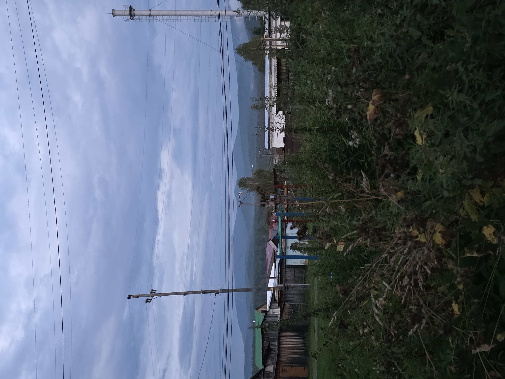 The image depicts an outdoor scene, likely in or near Magnitka, Russia, under an overcast sky. In the foreground, overgrown green and brown vegetation, including dried stalks and leaves, dominates the lower half of the frame. Behind the vegetation, a residential area is visible, characterized by wooden houses with pitched roofs of varying colors, including green and red. A wooden fence runs along the front of some of the properties. To the left of the houses, a wooden utility pole with insulators stands prominently, with power lines stretching horizontally across the sky. Further to the right, a tall, industrial-style smokestack with a ladder on its exterior rises into the sky. In the background, rolling hills covered in trees form a distant landscape, veiled by a soft atmospheric haze. The overall impression is one of a rural or semi-industrial settlement under a moody, cloudy sky. No people are visible in the image.