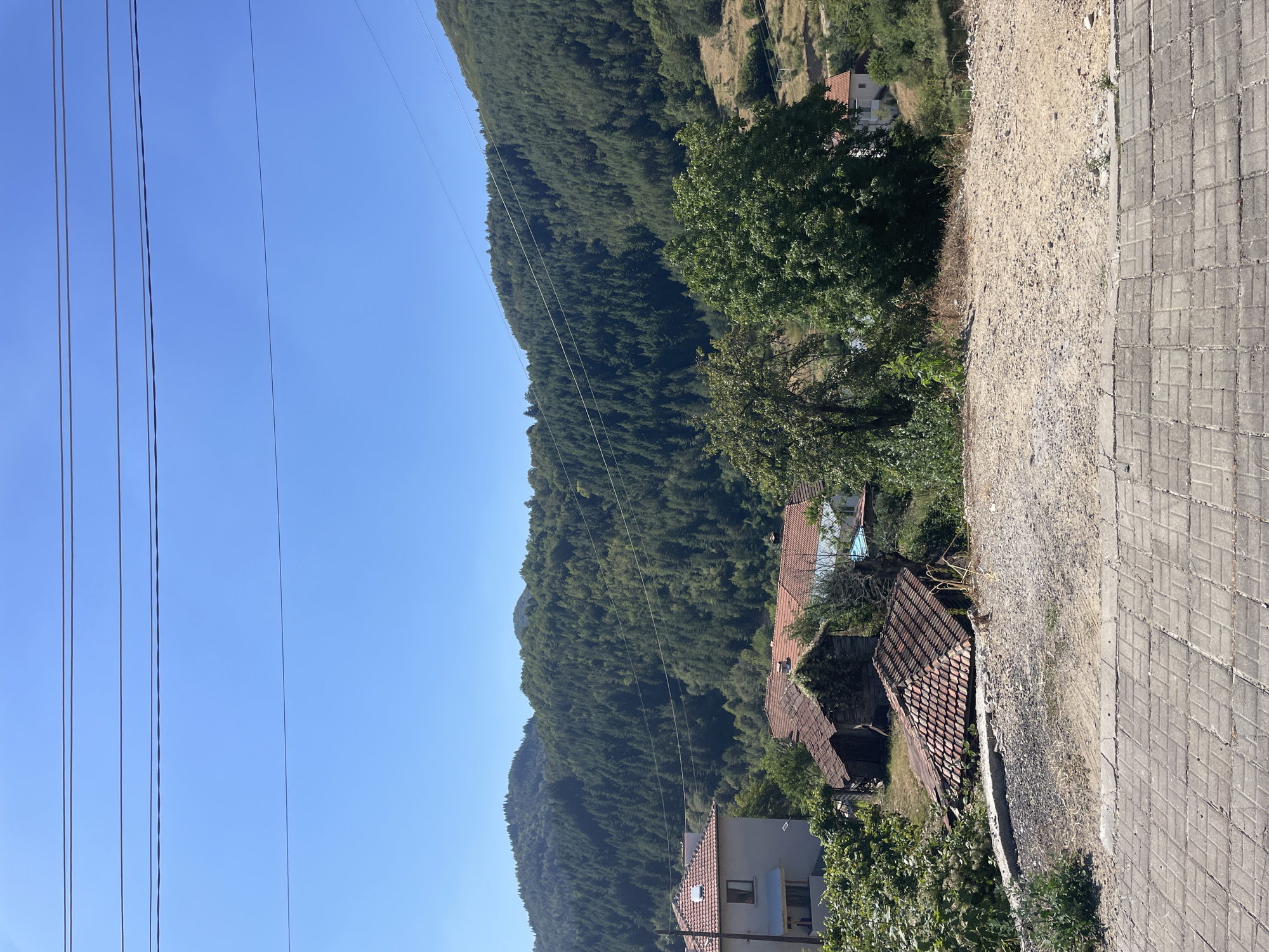 The image depicts a village nestled within a mountainous, forested region. The sky is a clear, bright blue with several power lines crossing horizontally in the upper portion of the frame. The foreground features a paved walkway made of grey rectangular blocks. Beyond the walkway, a patch of dry, gravelly ground is visible.
In the mid-ground, several buildings are scattered. To the left, a light-colored, multi-story house with a red-tiled roof is partially visible. Adjacent to it, a smaller, dilapidated structure with a moss-covered, red-tiled roof and wooden walls appears to be in disrepair. Another building with a red-tiled roof is also present. Several trees, some with dense green foliage and others appearing more bare, are interspersed among the structures.
The background is dominated by a steep, verdant hillside covered in dense, dark green trees, likely a pine forest. The topography suggests a rural or semi-rural setting. The overall impression is one of a tranquil, sunlit day in a village surrounded by nature. The specific location of Oryahovets, Bulgaria, is mentioned as the context for this scene.