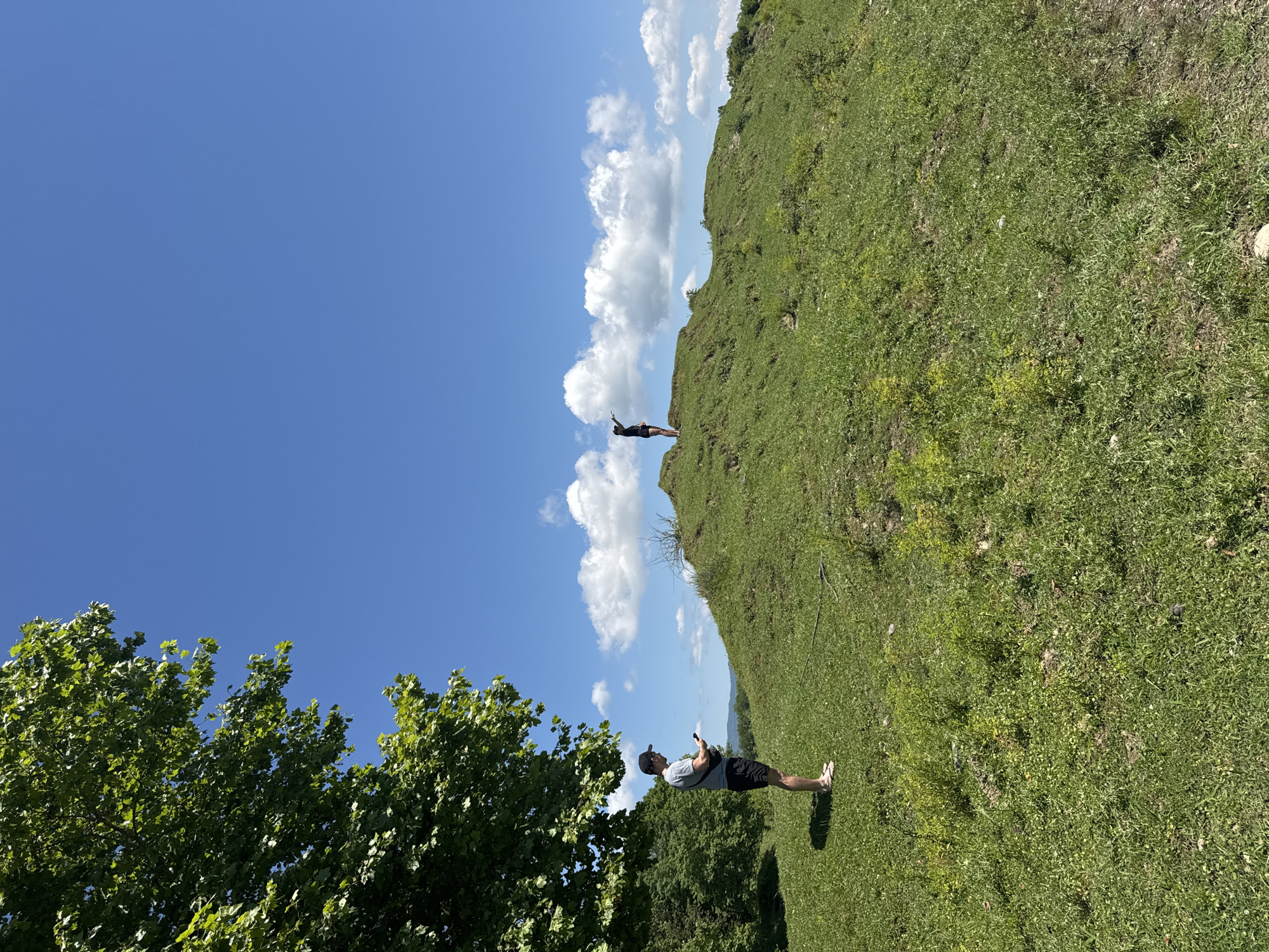 In Darcheli, Georgia, two individuals are present in a grassy, hilly landscape under a bright blue sky with scattered white clouds. A man on the left, wearing a grey t-shirt, black shorts, a black baseball cap, and flip-flops, stands facing a smartphone he is holding. He has a black bag slung across his body. To his left, a large tree with green leaves provides shade. On a prominent grassy hill in the center of the image, a second person, dressed in dark athletic wear, stands facing away from the viewer with one arm raised as if pointing or gesturing. The terrain is predominantly covered in green grass, with some patches of sparser vegetation and exposed earth on the hill. In the background, rolling hills and a distant landscape are visible beneath the expansive sky.