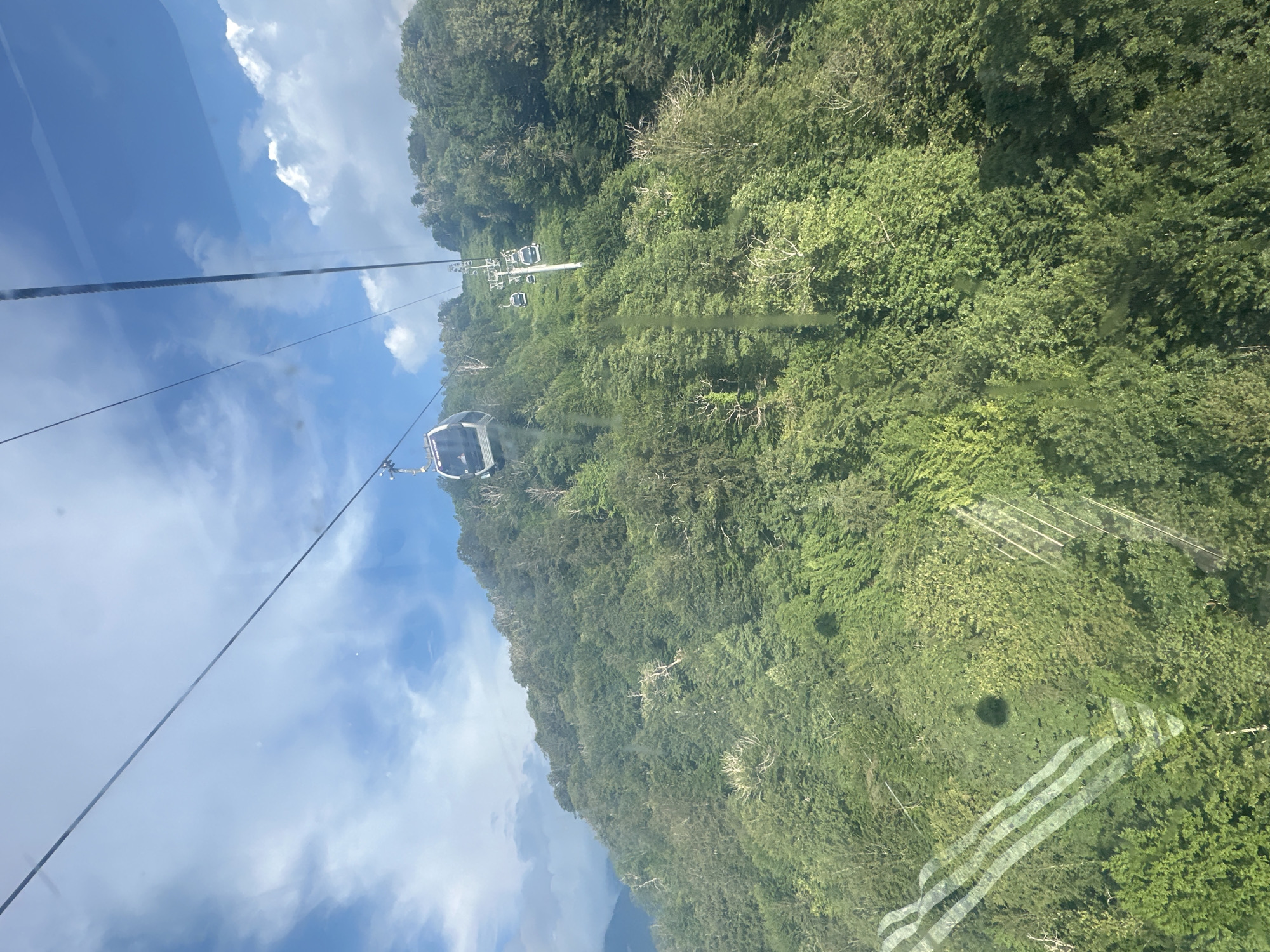 The image depicts a view from a cable car ascending a lush, tree-covered mountainside in Estosadok, Russia. Multiple cable car cabins are visible, suspended from parallel cables against a sky with scattered white clouds. The cabins are modern and enclosed, with windows offering views of the dense green forest below. The mountain slopes are thickly forested with a variety of deciduous and evergreen trees, displaying various shades of green. The terrain appears steep and rugged, characteristic of a mountain environment. The overall scene conveys a sense of travel and scenic natural beauty.