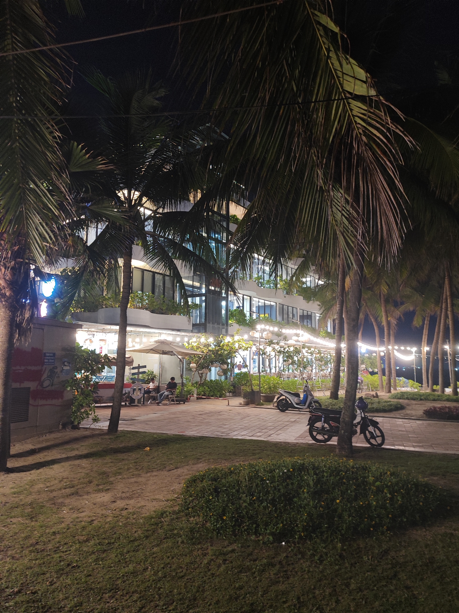 The image depicts a nighttime scene in Đà Nẵng, Vietnam. Tall palm trees line a paved walkway. A modern, multi-story building is visible in the background, adorned with lights and greenery on its balconies. On the left, a building houses an open-air establishment where people are seated at tables beneath an umbrella. Decorative lights hang above the outdoor area. Two parked motorbikes are visible on the right side of the walkway. A grassy area with shrubbery is in the foreground. The overall atmosphere is illuminated and calm.