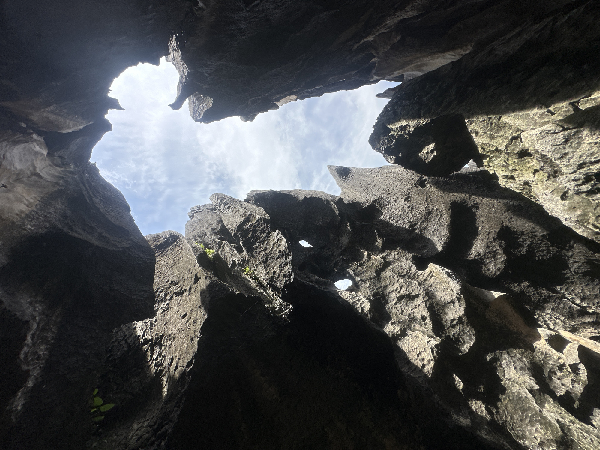 This image captures a low-angle view looking upwards from within a rocky grotto or cave. Jagged, dark grey limestone formations dominate the foreground and sides, creating a sense of enclosure. The rough texture of the rocks is evident, with shadows emphasizing their irregular shapes and crevices. In the upper portion of the image, the opening of the grotto reveals a bright, partly cloudy blue sky, illuminated by sunlight. A few small green leaves are visible on some of the rock surfaces, suggesting the presence of some vegetation. The scene is reminiscent of a natural geological formation, possibly within a karst landscape. This type of scenery is characteristic of the Stone Forest (Shilin) Geopark, located in the autonomous county of Shilin, approximately 85 kilometers (53 miles) southeast of Kunming, Yunnan Province, China. The Stone Forest is renowned for its dramatic karst topography, featuring tall, pointed rock pillars that resemble trees. No people or animals are present in the image.