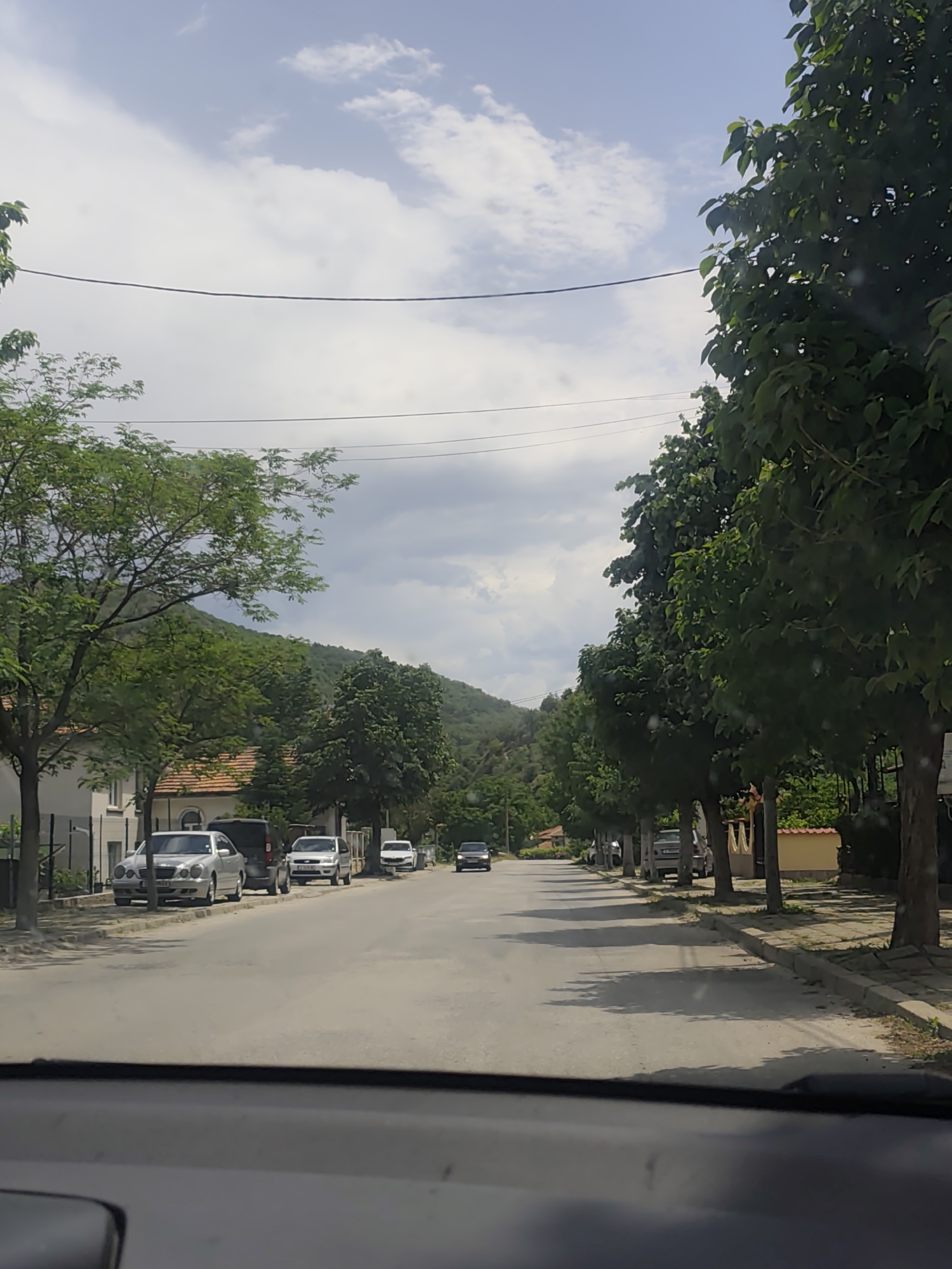 Captured from a vehicle interior, the image portrays a street scene in Jeleznitsa, Bulgaria. The overcast sky casts soft light over the asphalt road flanked by trees. Cars are parked on the left side of the street. A mountain is visible in the distance. Overhead power lines stretch across the sky. The scene lacks human presence.