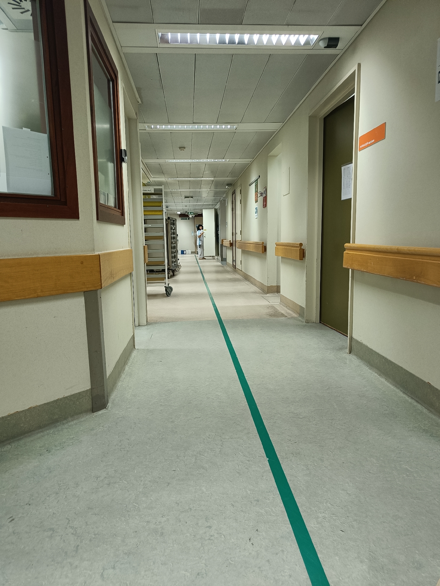 The image shows a long, empty hospital corridor. The walls are painted a light cream color, and the floor is a pale gray linoleum with a distinct green line running down the center. The corridor is illuminated by fluorescent lights in the ceiling. On the left side of the corridor, there is a window with a dark wooden frame, and a wooden handrail runs along the wall. On the right side, there are several doors, some of which are a dark green color. One door has an orange sign with white text that reads "endoscopie". Further down the corridor, a person wearing a light blue scrub top and white pants is visible, pushing a medical cart. The scene is clean and sterile, typical of a healthcare facility.