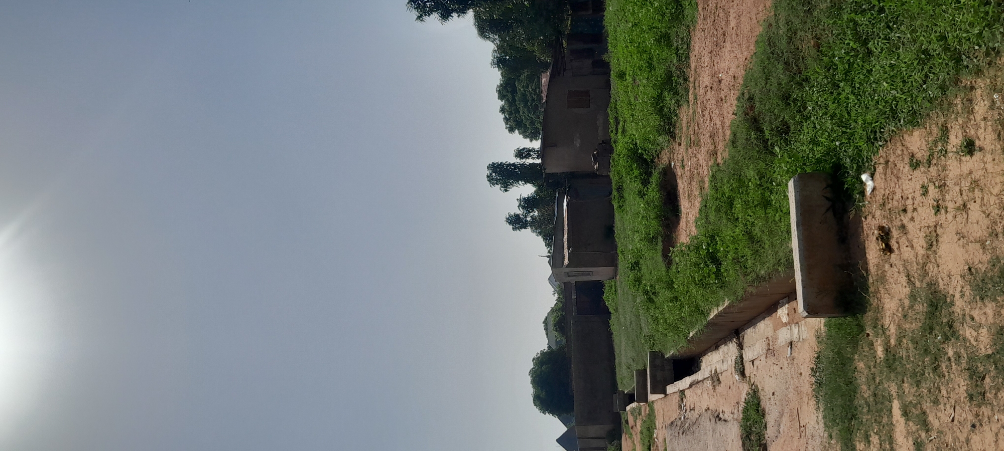 The image depicts an outdoor scene in Jalingo, Nigeria. In the foreground, a concrete drainage system runs along a dirt and grass path. The path is lined with concrete slabs and bordered by lush green vegetation. Further back, a low concrete wall encloses a grassy area where several small, simple structures with corrugated metal roofs are visible. These structures appear to be basic dwellings or utility buildings. Trees are scattered throughout the background, with a clear, bright sky overhead. The overall impression is of a somewhat undeveloped or rural area within the city.