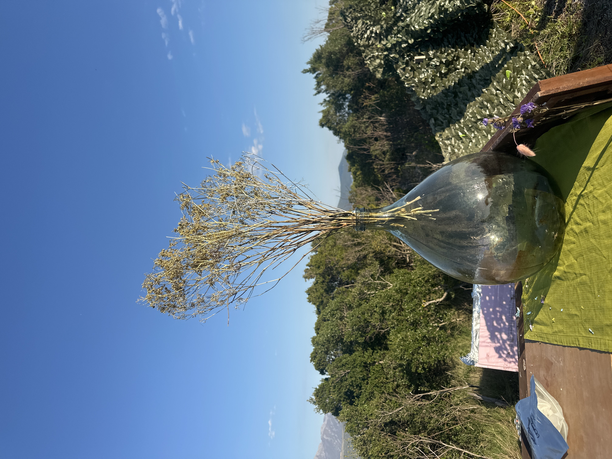 A large glass bottle filled with dry, thin plant stems is placed on a wooden surface outdoors. The background features green trees and a clear blue sky. The location appears to be elevated, with mountains visible in the distance. Other items on the wooden surface include various pieces of green and pink fabric. It appears to be a sunny day. While the location appears to be outdoors and near the coast, without more information I cannot confirm the location as Glavaticici, Montenegro.