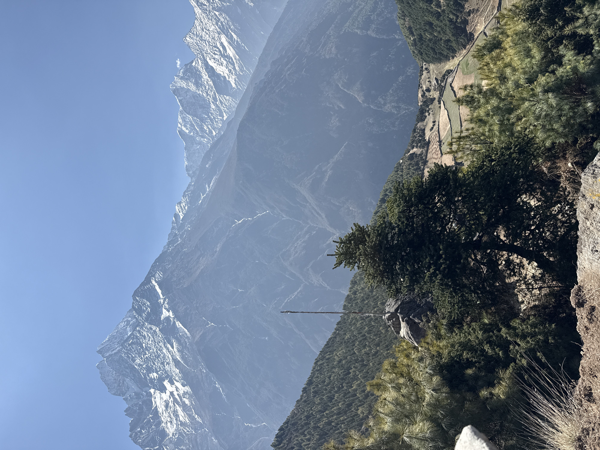 The image displays a vast and majestic mountainous landscape, presented with a vertical orientation (as if viewed in portrait mode but rotated 90 degrees clockwise). On the left, towering, rugged snow-capped mountain peaks dominate the view, rising sharply against a clear, brilliant blue sky. The mountains showcase detailed rock formations and areas of stark white snow, illuminated by strong daylight. Beyond the immediate foreground peaks, successive layers of darker mountain ranges recede into the distance, softened by atmospheric haze, conveying an immense sense of scale and depth.
In the mid-ground, a steep slope is densely covered with dark green coniferous trees, creating a rich texture. A long, slender pole, characteristic of a prayer flag mast, extends horizontally from this forested ridge, silhouetted against the distant, hazy mountains. To the right of the frame, a deep valley unfolds, revealing a patchwork of cultivated terraced fields and scattered small structures, indicating remote human habitation and agricultural activity. The immediate foreground on the far right features parts of a rocky ledge with sparse vegetation and more evergreen trees, suggesting an elevated vantage point for the viewer.
The scene is bathed in bright, clear daylight, indicating either morning or early afternoon, with excellent visibility across the expansive natural vista. No human figures or specific activities are discernible, allowing the sheer grandeur and serene beauty of the high-altitude environment to be the central focus. The presence of towering snow-capped Himalayas, dense coniferous forests, terraced farming, and a prayer pole strongly situates the scene in the region of Namche, Nepal. There is no visible text.