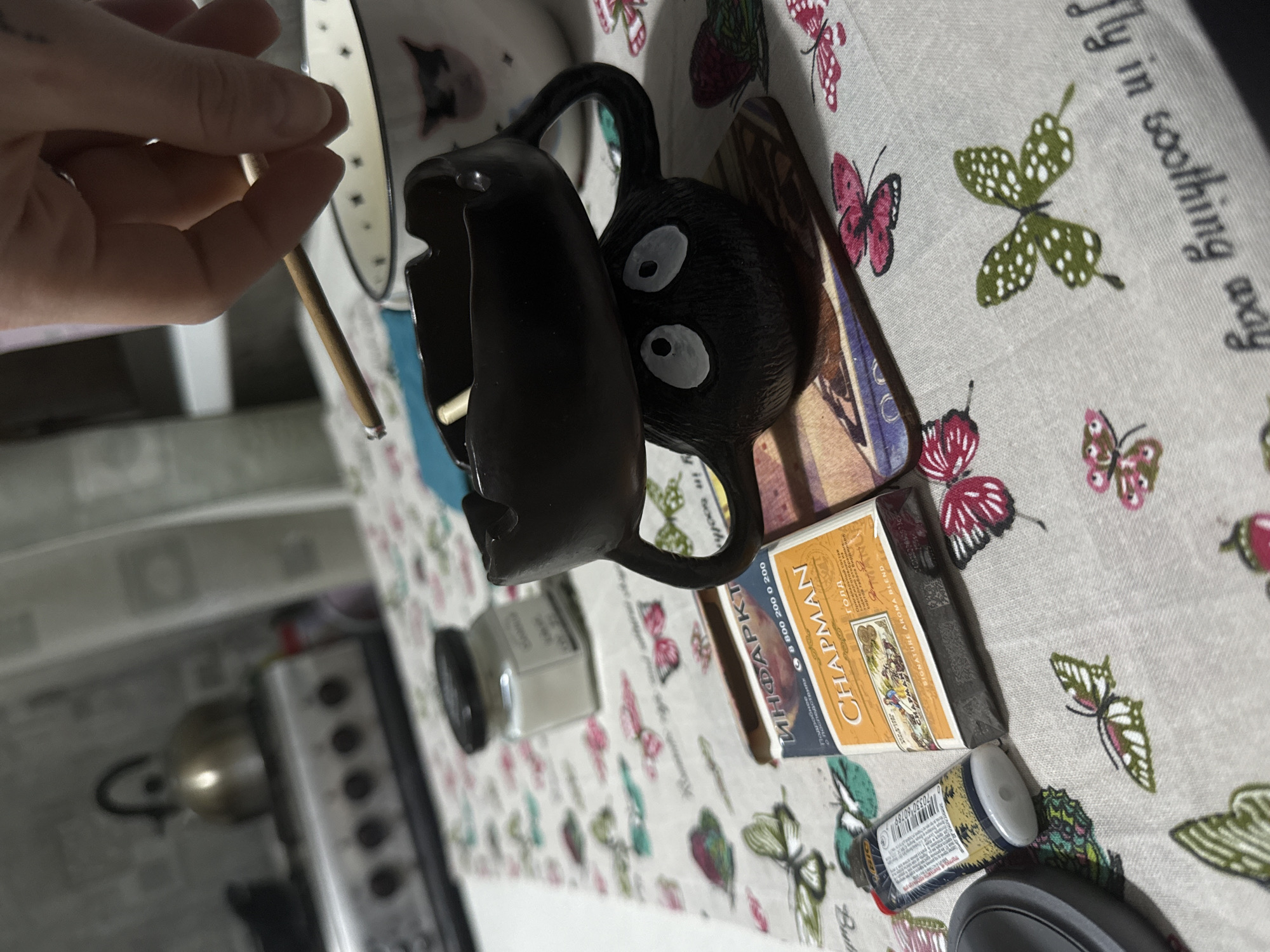 A person is holding a wooden stick or small dowel near a cup or bowl. A black, cartoonish mug with large white eyes sits on a butterfly-patterned tablecloth alongside a pack of "CHAPMAN" cigarettes, a small white bottle, and another cylindrical container with a gray top. The environment appears to be a kitchen or similar domestic space, suggested by the presence of a kettle and stove visible in the background. The items are arranged on a surface with a tablecloth decorated with a butterfly pattern.
I am unable to locate this particular scene in St. Petersburg, Russia. It is most likely the items are unrelated to any specific place in that city.