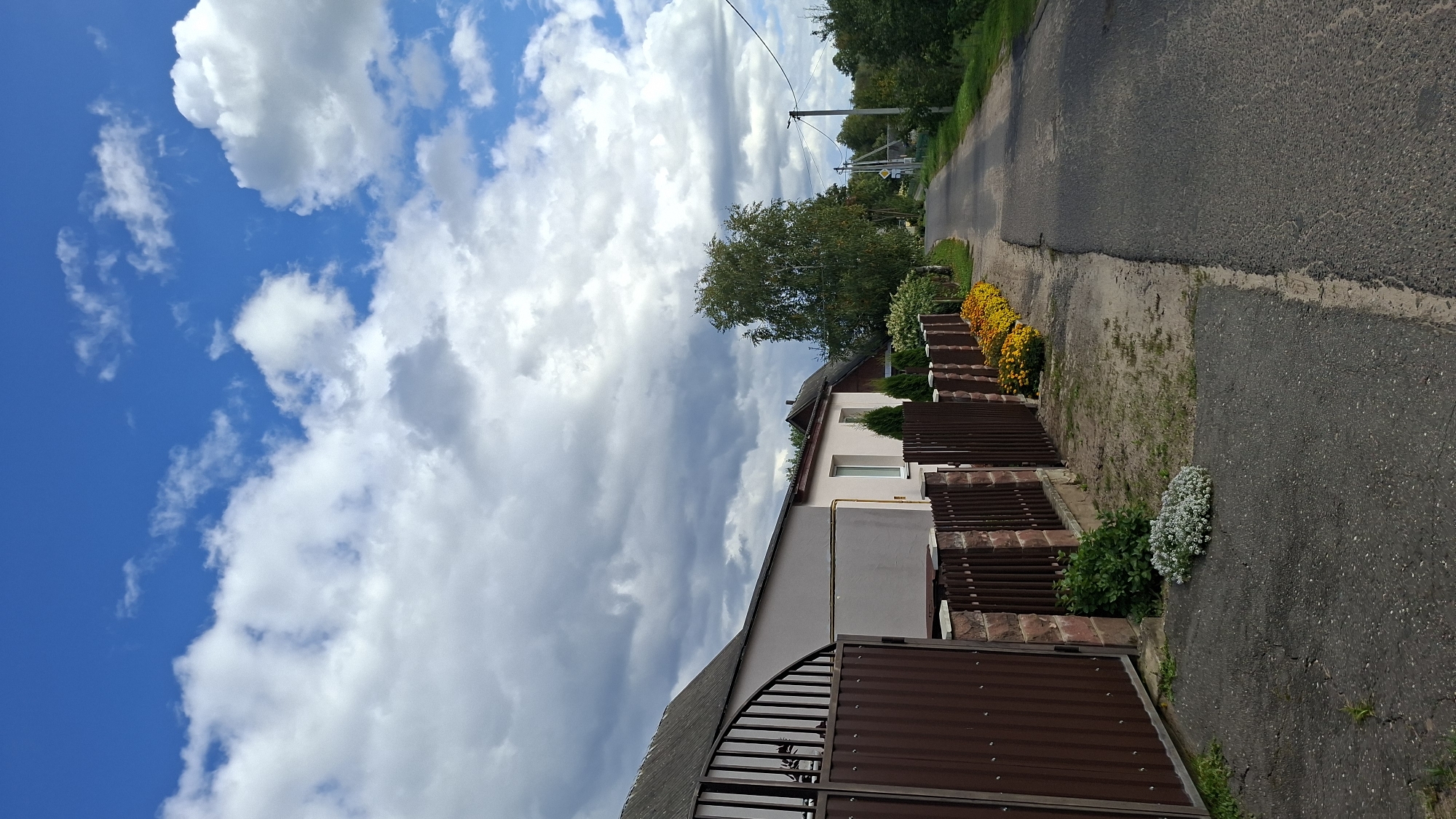 The image depicts a street in Myadzyel, Belarus, under a partly cloudy sky with a mix of blue sky and dramatic, dark clouds. On the left side of the asphalt road, there is a brown metal gate and a fence made of brown wooden planks and stone pillars. Behind the fence, a pale pink house with a dark roof is visible, along with a smaller building with a darker roof. Several small, dark green evergreen trees are planted along the fence line. In front of the fence, a bed of yellow and orange flowers is blooming. A small cluster of light green, leafy plants is situated on the edge of the asphalt near the gate. The road continues into the distance, lined with trees and vegetation on the right side. A utility pole with wires is also visible on the right side of the road. The scene appears to be a quiet, residential area.