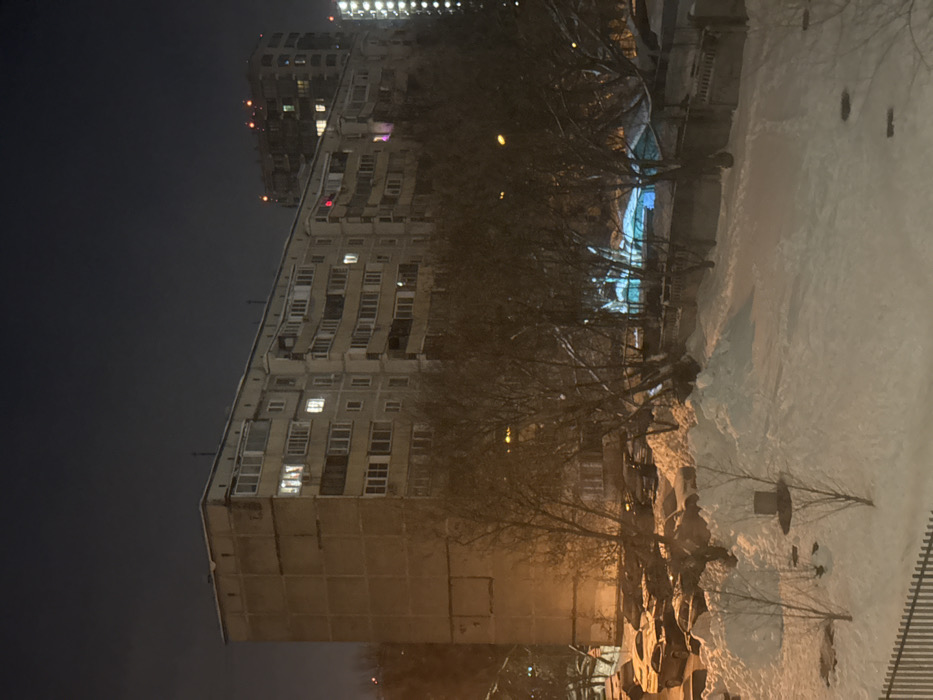 An apartment building towers in the night, some windows illuminated. Bare trees line the base, with a snowy ground covering the foreground. Faint lighting highlights the snow and trees. In the distance, another, taller building has rows of lights.
