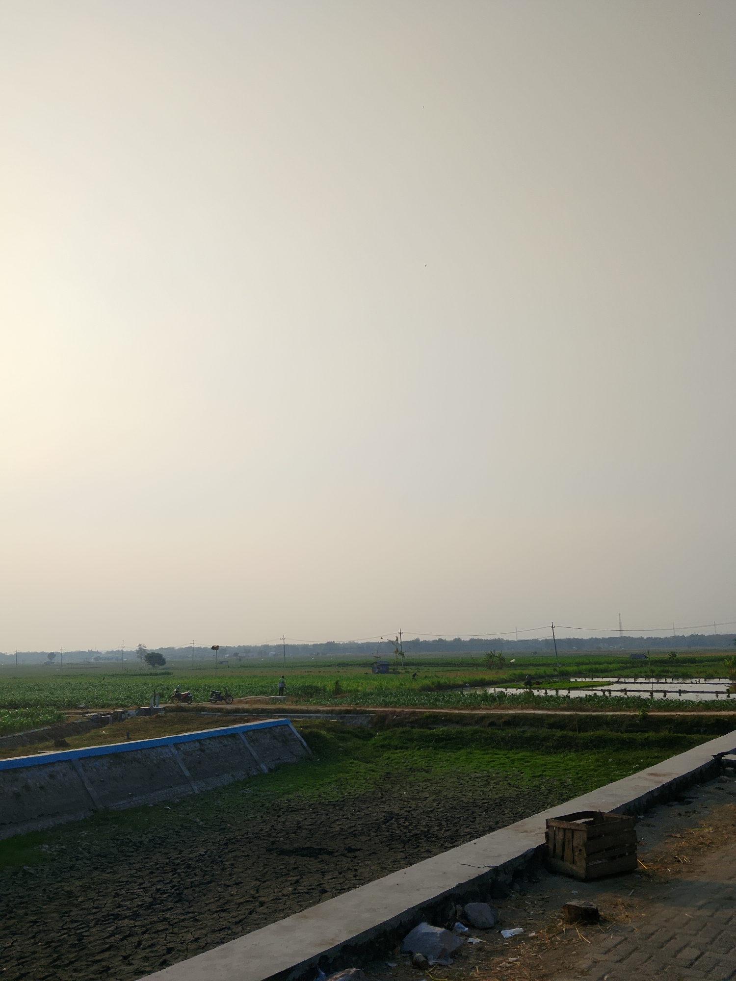 This image depicts a rural landscape in Ngadrin, Indonesia. In the foreground, there is a concrete structure with a wooden crate on top. To the left, a dry, cracked earth canal runs parallel to the structure, with a concrete embankment that has blue tiling along its top edge. Beyond the canal, lush green fields stretch into the distance. Several small figures, possibly farmers, are visible working in the fields, and two motorcycles are parked on a dirt path. The sky is a pale, hazy yellow, suggesting either sunrise or sunset, or possibly atmospheric haze. Power lines and poles are scattered across the horizon, indicating a sparsely populated rural area with some infrastructure. The overall impression is one of agricultural activity in a serene, open environment.