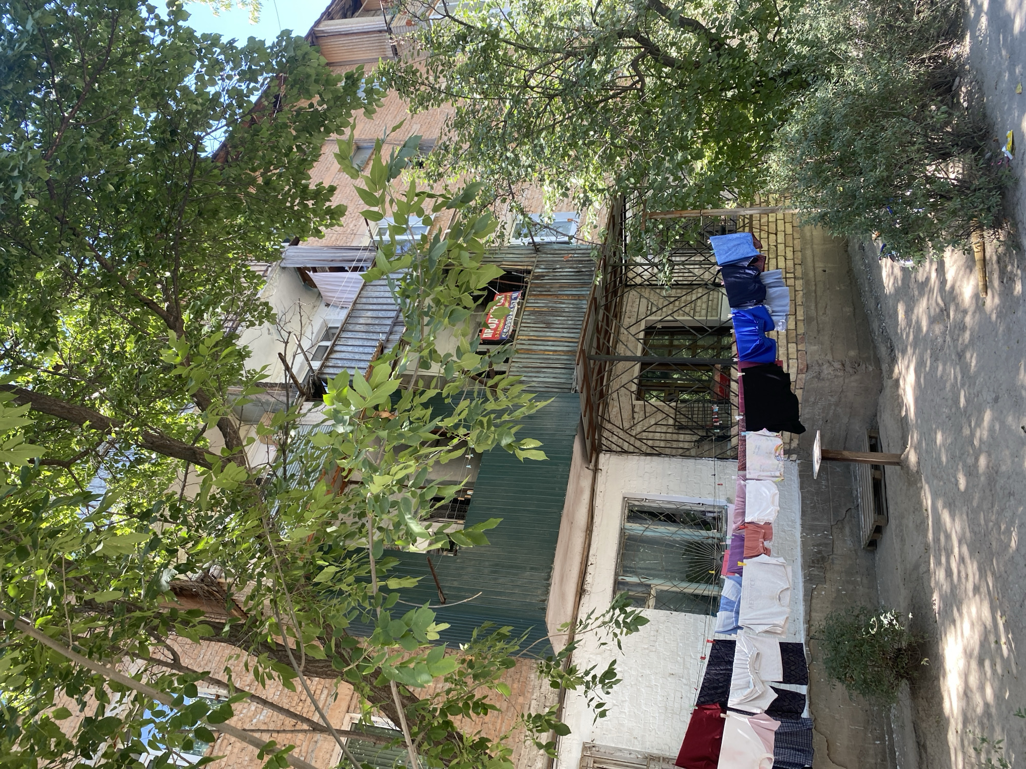 The image shows an exterior view of a multi-story apartment building in Manas, Kyrgyzstan. A large tree with lush green foliage partially obscures the building. Clothes are hanging on a clothesline in front of the building, suggesting a residential setting. The building appears to be made of brick and has balconies with metal railings. The ground in front of the building is dirt or gravel, with some sparse vegetation. Sunlight casts shadows on the ground, indicating it is daytime. There is a visible sign on the balcony that appears to be for sale or rent.