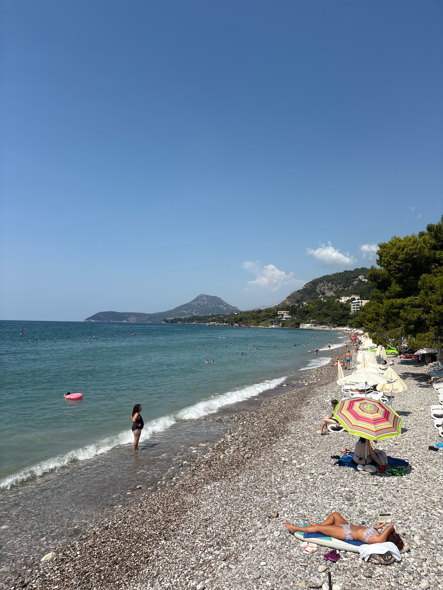 The image depicts a crowded pebble beach in Bar, Montenegro, under a clear blue sky. The sea, a vibrant turquoise, meets the shore with gentle waves. In the water, several individuals are visible, some swimming, others using flotation devices like a pink ring. A woman in a dark swimsuit stands knee-deep in the water near the shore.
The beach is lined with numerous white beach umbrellas providing shade for sunbathers. Loungers are arranged beneath the umbrellas. On the pebble shore, a woman in a bikini lies on a mat, reading a book, with a towel and footwear nearby. Another person sits under a colorful umbrella, partially obscured. Further up the beach, more people are scattered, some seated, others walking. The background features a verdant, hilly coastline with buildings nestled amongst the trees, and a prominent mountain in the distance. Pine trees border the right side of the frame, extending towards the sea. A green vehicle is parked near the umbrellas on the right. The overall scene conveys a busy, sunny day at the beach.
