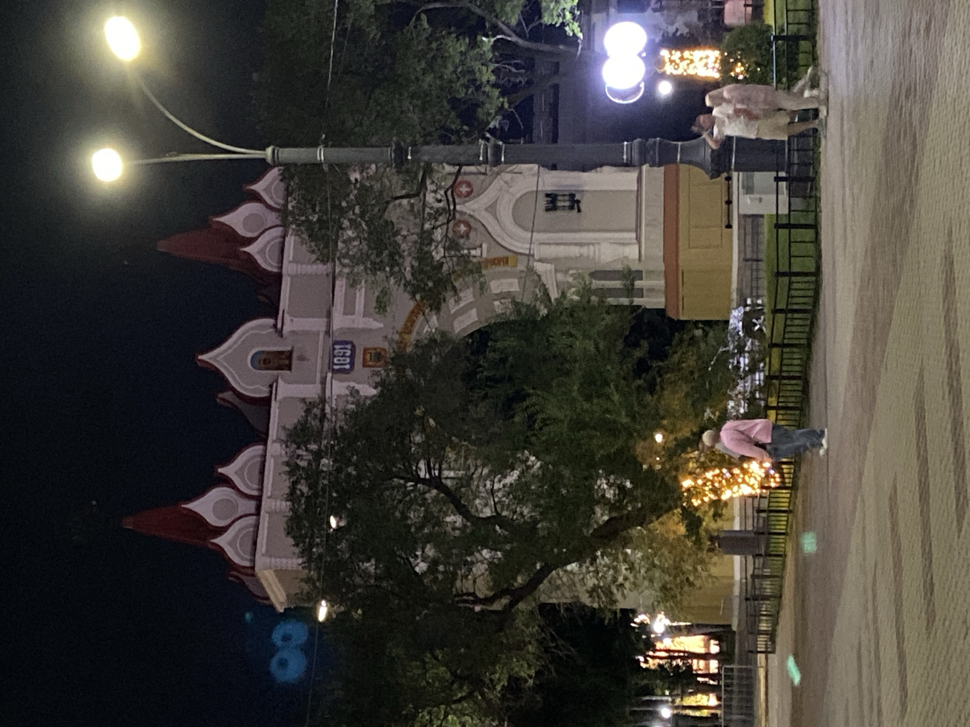 The image shows the main entrance to the Blagoveshchensk City Park in Blagoveshchensk, Russia, at night. The entrance is a large, ornate structure resembling a triumphal arch with traditional Russian architectural elements, including red-roofed towers and decorative motifs. The year "1891" is visible on the arch.
In the foreground, a paved walkway leads towards the entrance, bordered by a black metal fence. Several trees are situated in front of the arch, partially obscuring it, and some are decorated with festive string lights. A street lamp with two illuminated bulbs stands to the right of the arch.
On the walkway, three individuals are visible. To the left, a person in a pink top and blue jeans is walking away from the camera. In the center, a couple is standing and interacting; the man is wearing a white t-shirt and shorts, and the woman is in a light-colored outfit. The paving stones of the walkway are dimly lit, and two faint green or teal rectangular shapes are present in the lower left and center of the walkway, possibly reflections or artifacts. The overall scene is illuminated by artificial lights from the street lamp, the entrance structure, and the decorative lights on the trees.