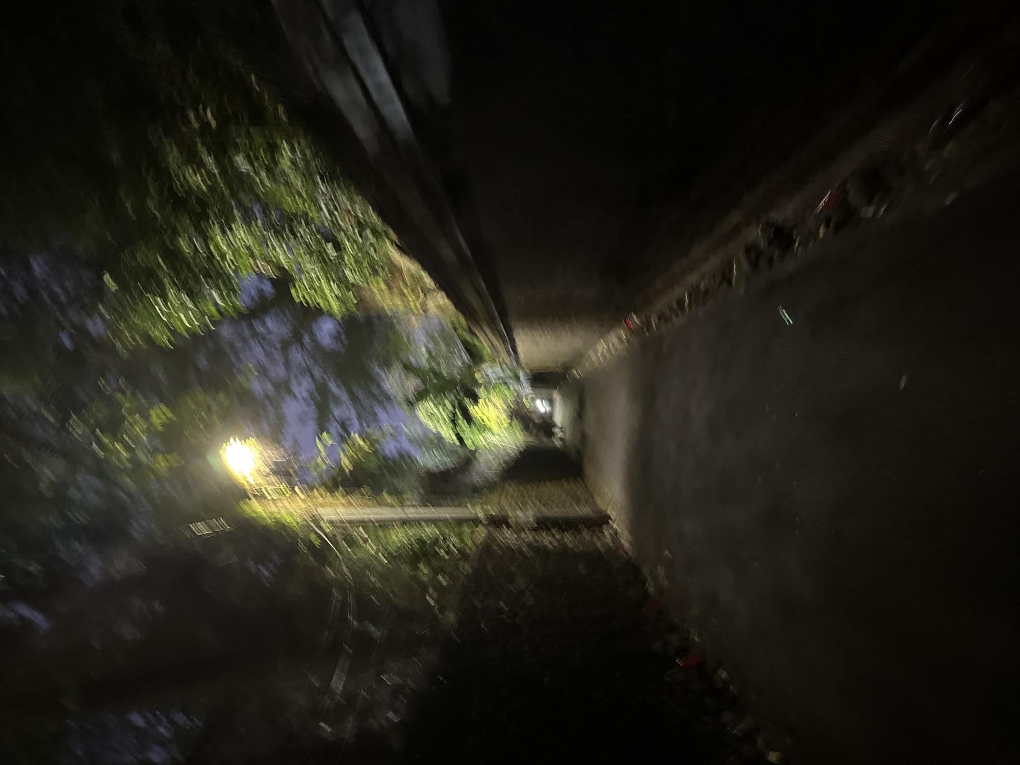The image depicts a dimly lit alleyway at night, likely in the city of Denpasar, Indonesia. The scene is characterized by a street lamp illuminating a portion of the path and surrounding vegetation. A dark, textured wall runs along the right side of the alley, while a similar, rougher wall or embankment is visible on the left. The ground is paved with asphalt, and there are scattered debris and vegetation along the edges. The overall impression is one of a quiet, possibly residential or service alleyway, with the light source creating a sense of depth and leading the viewer's eye down the path. The motion blur suggests the photo was taken while moving, perhaps from a vehicle or by hand with a slight shake.