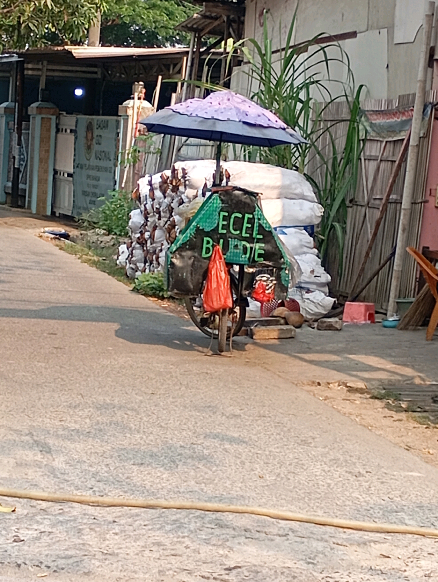 In Babelan, Indonesia, a street scene unfolds with a modified bicycle cart as the central subject. The cart, equipped with a patterned umbrella and a green canopy, displays the words "ECEL BUDTE" in large, bold lettering. A bright red plastic bag is prominently hung from the front of the cart. Behind the cart, stacks of white sacks are piled high, suggesting a vendor's goods or storage.
The environment is a mix of urban and natural elements. To the left, a gate with a plaque bearing text, possibly indicating a government building or institution, stands partially obscured by foliage. Further left, a structure with a corrugated metal roof suggests a building. Tall green plants, resembling sugarcane, line the background to the right, interspersed with bamboo poles and a wooden fence. The ground is paved with asphalt, showing signs of wear and tear, with a yellowish hose running across it in the foreground. The lighting suggests it is daytime, with the sun casting shadows on the road. Several objects, including bricks and a small pink stool, are scattered on the ground near the cart. There are no visible people in the frame.