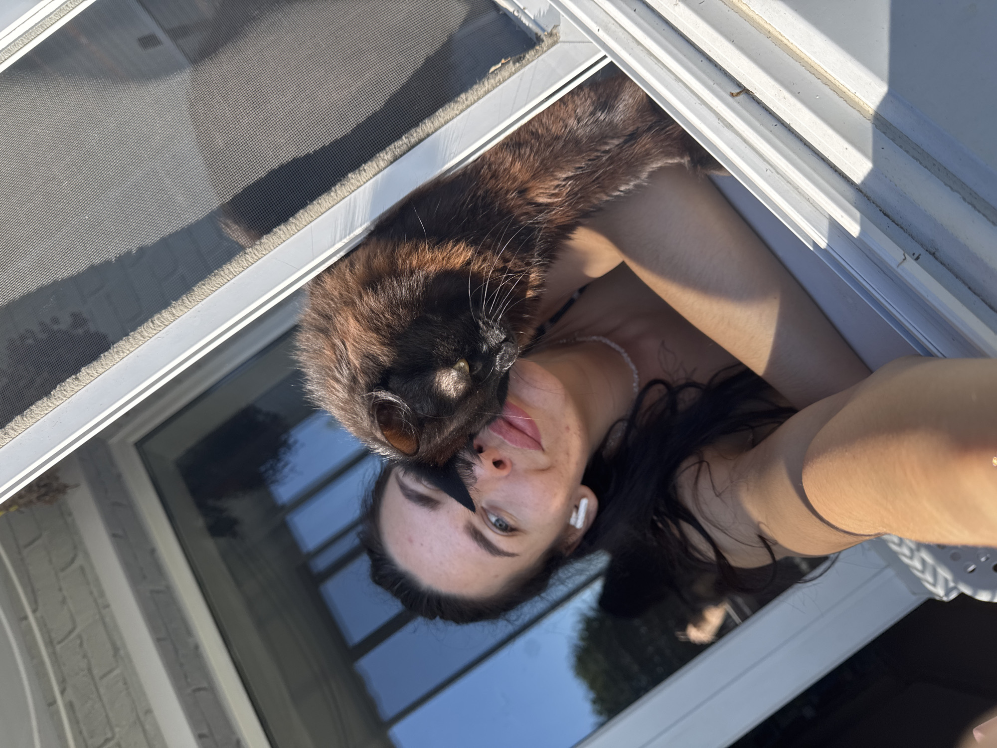 A medium shot captures a young woman and a cat interacting near a window on a sunny day, possibly in the city of Chaikovsky, Russia. The woman, with dark hair, is positioned on the left, leaning towards the window frame. She wears a black top and a pearl necklace. A black substance is on her cheek, partially obscuring her right eye. She is looking directly at the camera with a slight smile. Her left arm is bent and resting on the window sill.
A fluffy, dark-furred cat is leaning in from the right, its head resting on the woman's cheek, its body extending out of the frame. The cat's fur is a mix of black and reddish-brown.
The window has a white frame and a screened portion on the right side. Through the glass, reflections of trees and a blue sky are visible. The background beyond the window appears to be an outdoor setting with hints of greenery. The overall lighting suggests it is daytime, with strong sunlight casting shadows. The perspective is from below the subjects, looking upwards.