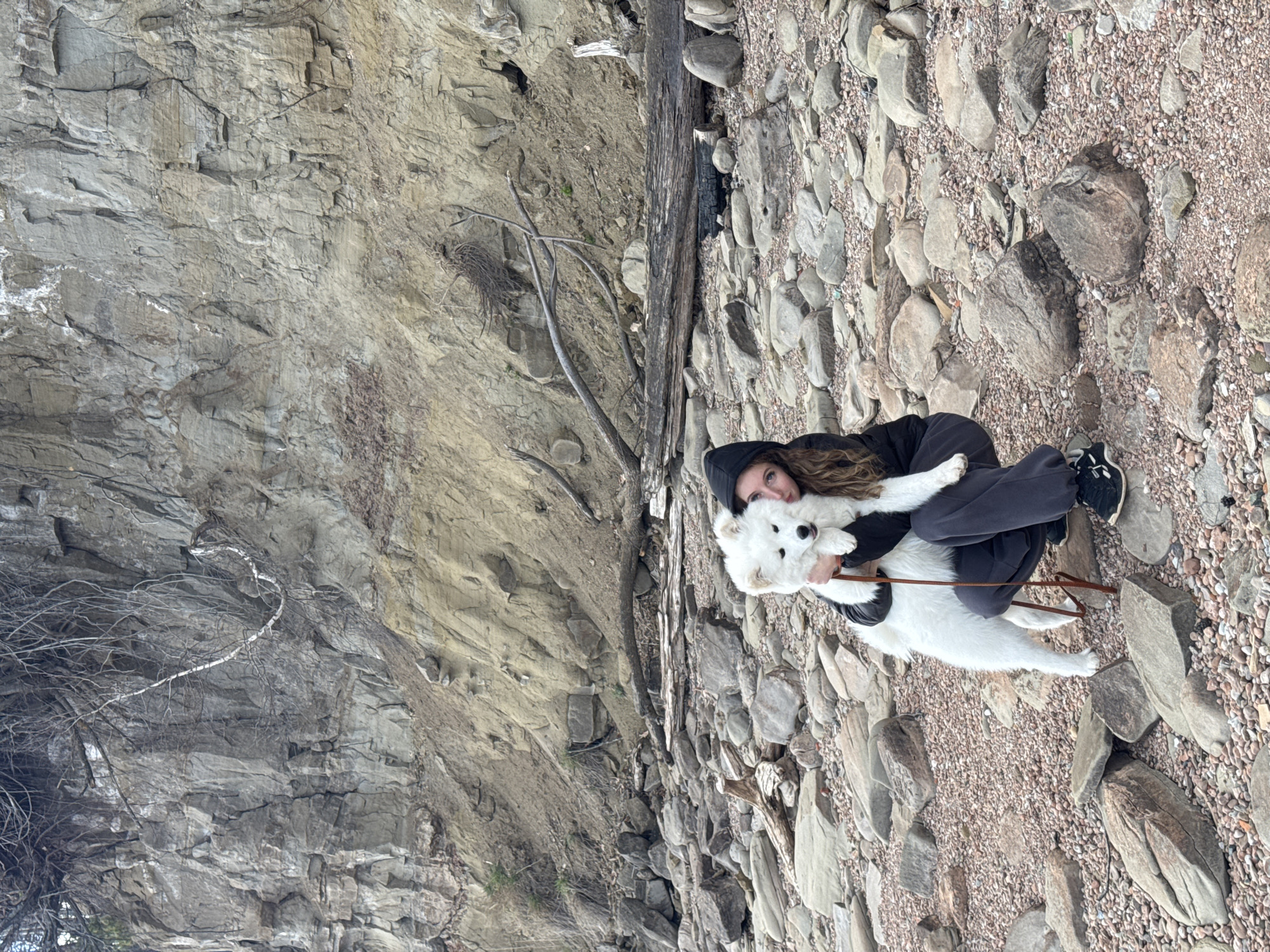 A person is hugging a white dog on a rocky terrain, likely near a cliff face. The person is wearing dark clothing with a hood and dark sneakers. The dog is a fluffy white breed, possibly a Samoyed, and is held close to the person. The ground is covered in various sizes of rocks and pebbles. In the background, there is a cliff face with visible rock formations and sparse vegetation. A fallen tree trunk lies between the cliff and the rocky ground. The location is Noviy, Russia.