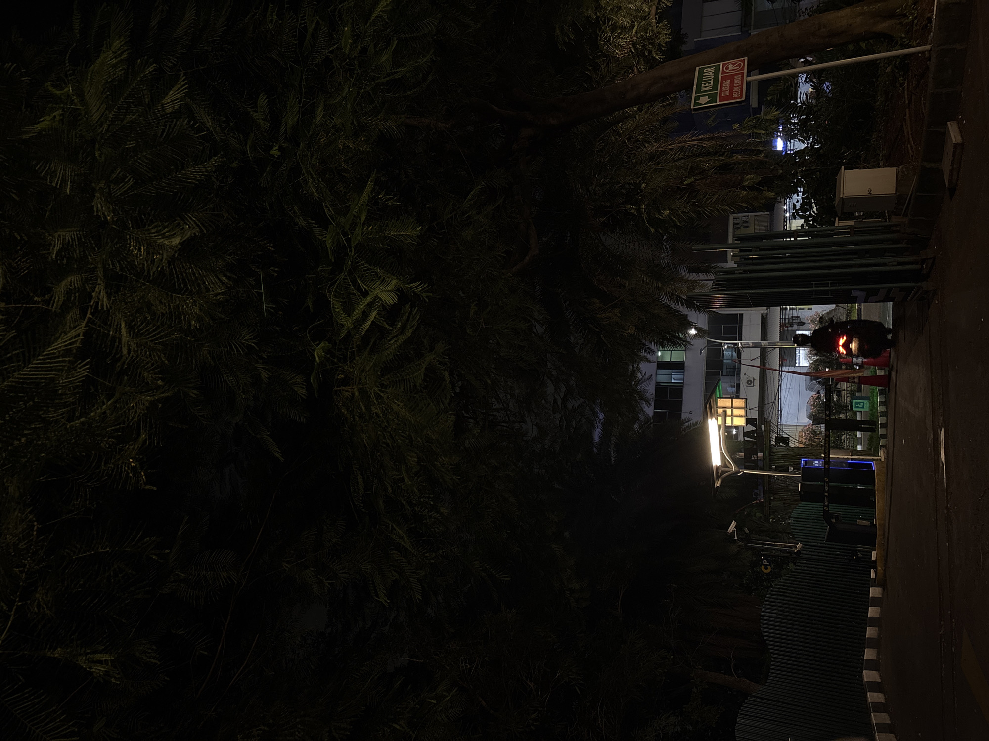 The image shows a dimly lit outdoor scene in North Jakarta, Indonesia, at night. Dense foliage obscures much of the left side of the frame. Through a gate or opening in the foliage, a street or parking area is visible. A motorcycle with its taillight illuminated is positioned in the street. Signage is partially visible near the top of the frame, including one indicating "KELUAR," and another that has faded. Modern buildings can be seen in the background, lit by streetlights. The right side of the image shows a pavement.