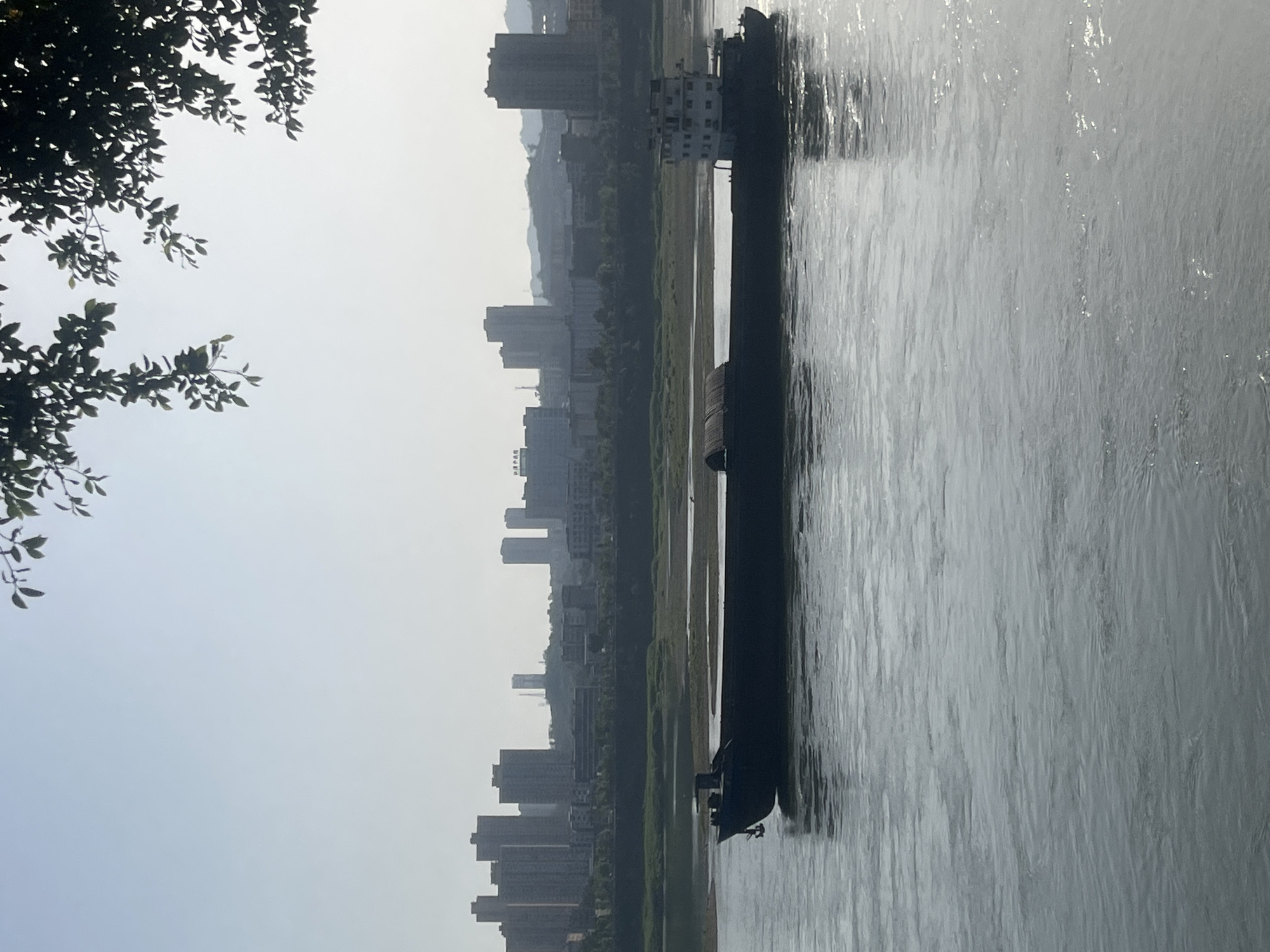 The image presents a hazy, serene view of a river scene, likely in Jiangjin, China, looking across a wide body of water towards an urban landscape.
In the foreground, on the left side of the frame, dark green foliage and branches from a tree extend into view, partially obscuring the bright, soft sky above. The upper portion of the image is dominated by this pale, diffuse sky, suggesting either an overcast day, early morning, or late afternoon, contributing to the overall hazy atmosphere.
A wide river or waterway occupies the central and lower-right sections of the image. On the water, a long, dark-hulled barge or cargo ship is prominent, featuring several small white structures, possibly cabins or cargo containers, on its deck towards the far end. The water shows gentle ripples, reflecting the muted light.
Across the river, a long stretch of urban development is visible along the distant bank. Numerous multi-story buildings, appearing as silhouettes or muted grey forms, line the horizon. There's a narrow band of green land, potentially a riverbank or small island, separating the water from the city's structures. Faint outlines of hills or mountains are discernible behind the cityscape in the far distance.
The scene conveys a sense of calm and quiet due to the soft, diffused lighting and atmospheric haze that blurs the distant details. The primary activity depicted is the presence of the barge on the river, hinting at transportation or industrial activity, set against the backdrop of a sprawling city. No explicit human figures or legible text are visible.