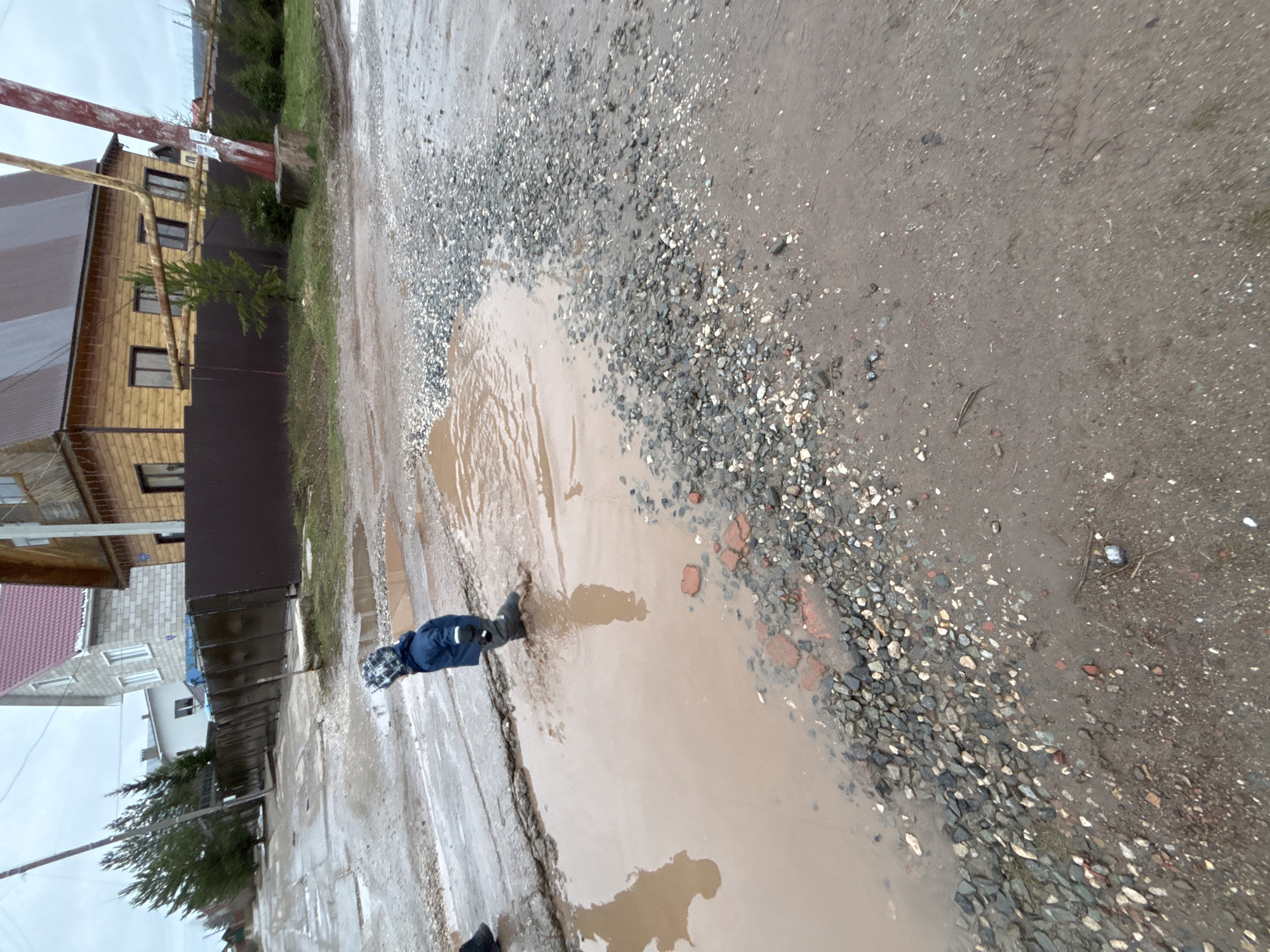 The image, set in Ferma, Russia, depicts an outdoor scene on an overcast day, dominated by a muddy, unpaved road with extensive puddles. The road surface is a mix of brown dirt, mud, and grey-white gravel, with some reddish-brown brick pieces scattered near the water's edge.
In the foreground, a person, likely a child, is standing in a large, murky brown puddle. They are wearing a dark blue jacket, dark trousers, and dark boots, suggesting attire suitable for wet weather. Reflections of the person and the sky are visible on the water's surface.
Along the left side of the road, several residential buildings can be seen. A two-story wooden house with dark windows and a brown metal roof is prominent, fronted by a dark brown fence and a small green conifer tree. Further along, another house, appearing to be made of light-colored blocks with a red roof, is visible. Utility poles, one reddish-brown and another grey, with overhead wires, line the street. Patches of green grass and other foliage grow near the buildings and fence.
The time of day is daylight, but the uniformly grey, cloudy sky suggests an overcast or possibly rainy day. The muddy conditions and puddles are strong indicators of recent precipitation. No discernible text is visible in the image. The scene captures a moment of daily life in a rural or semi-urban residential area affected by rain.
