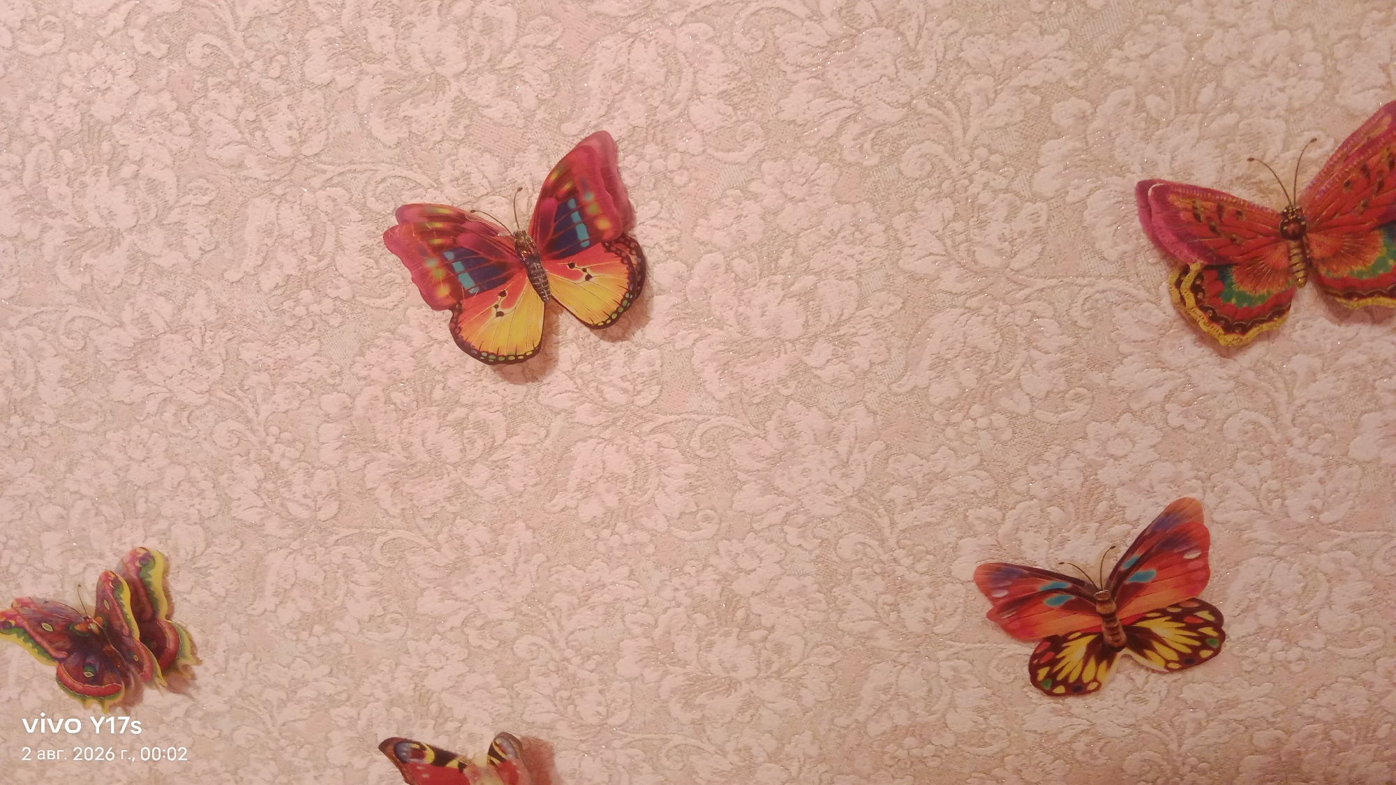 The image shows a light pink, textured wallpaper with a floral pattern. Four decorative butterflies, each with vibrant orange, yellow, red, and blue markings, are affixed to the wallpaper. Three of the butterflies are fully visible, while a portion of a fourth butterfly is visible at the bottom center. The lighting suggests an indoor setting. The lower left corner of the image contains a watermark that reads "vivo Y17s 2 авг. 2026 г., 00:02". The provided information does not contain any details about the city of Rudny, Kazakhstan; therefore, its location within the city cannot be determined.