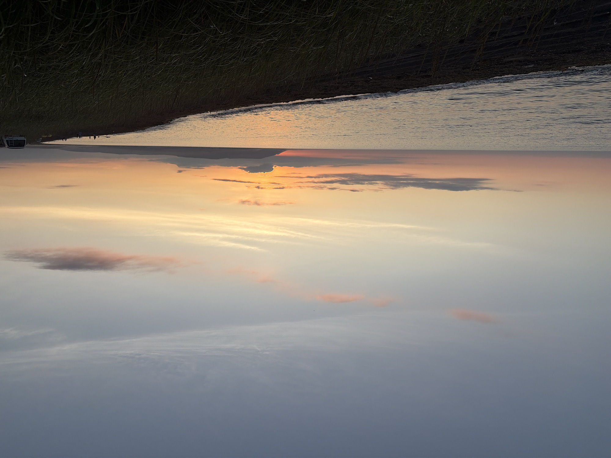 This is a wide shot of a beach scene at sunset. The sky is a gradient of pale blue at the top, transitioning through soft pinks and oranges towards the horizon. Scattered clouds are tinged with pink. The calm sea reflects the colors of the sky. The shoreline is dark, with dark sand or pebbles, and tall, wispy grass in the foreground. In the distance along the coastline, there are several dark, rolling hills or mountains. A few small figures of people are visible on the beach, and two white vehicles are parked on the sand to the right. The overall impression is one of a serene, natural landscape during twilight. The location is identified as Ozerskoe, Russia.