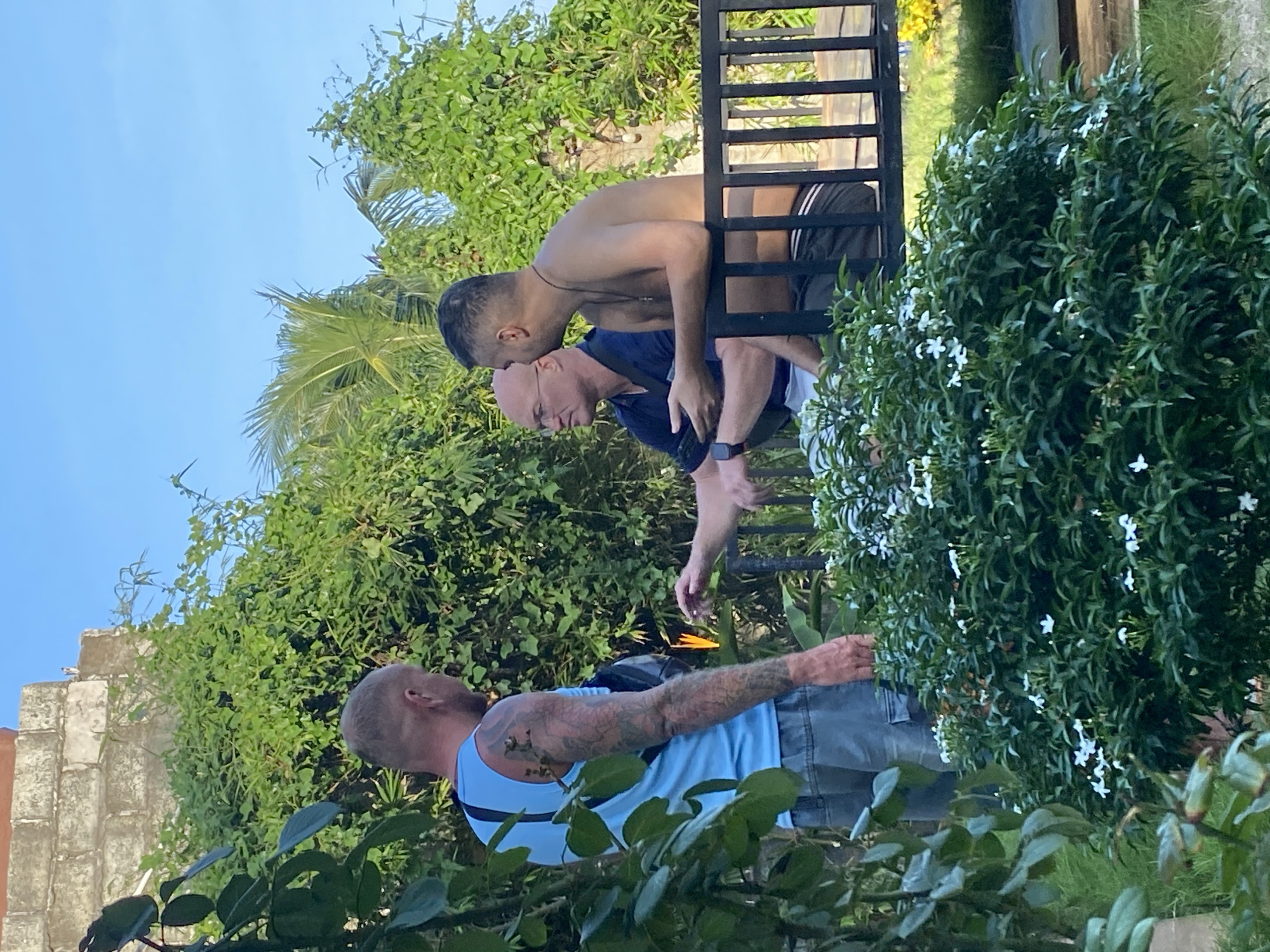 Three men are gathered outdoors in a garden setting, with lush green foliage and a bright blue sky visible. The man on the left, with a shaved head and tattoos on his arm and shoulder, wears a blue tank top and gray shorts. He is looking towards the man in the center. The man in the center, also with a shaved head and wearing glasses and a dark blue polo shirt, holds a mobile phone in his left hand and appears to be speaking or gesturing towards the man on the right. The man on the right is shirtless, wearing dark shorts, and is seated on a black metal bench, looking towards the man in the center. A flowering bush with small white blossoms is in the foreground, and a wall constructed of weathered concrete blocks is visible in the background. The overall impression is a casual social interaction in a tropical environment.