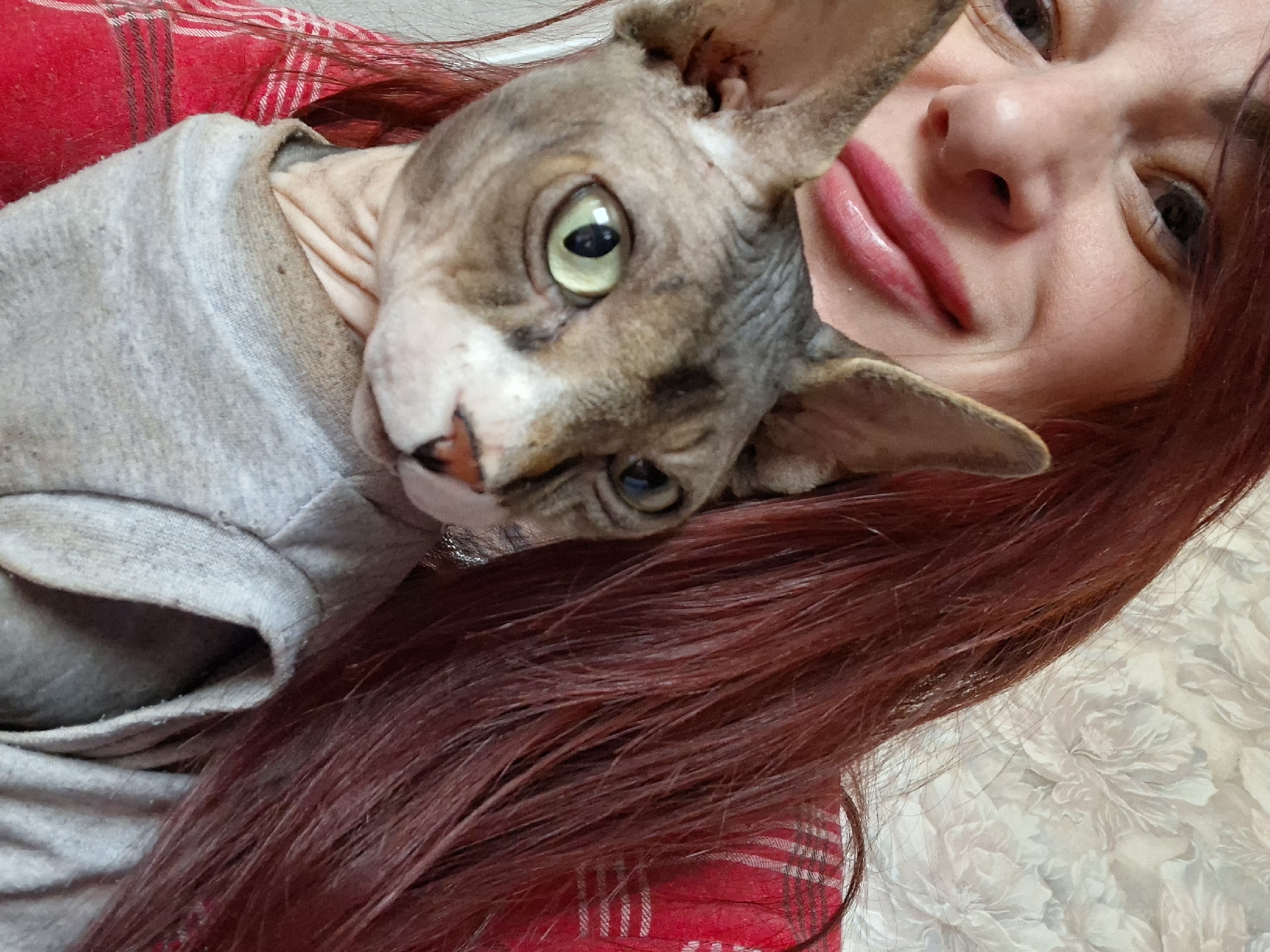 A woman with red hair is holding a grey hairless cat wearing a grey shirt. The woman is wearing red lipstick and a red plaid shirt. The background is a white floral pattern. The location is Забалоцкі сельскі Савет, Belarus.