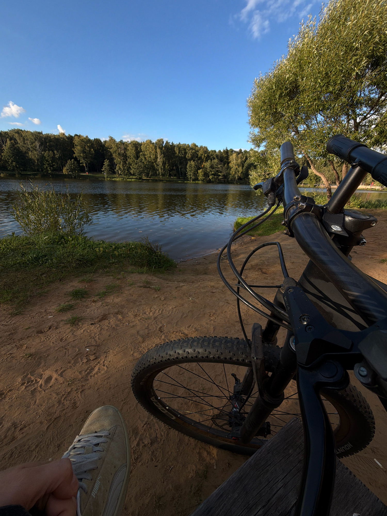 A first-person perspective shot shows a black mountain bike parked on sandy ground next to a body of water. The bike is positioned in the foreground, with its handlebars and front wheel visible. The person's foot, wearing a tan sneaker, is also in the lower left corner of the frame. Behind the bike, a calm lake stretches out, bordered by a dense line of trees on the far bank. The sky above is a clear blue with a few wispy clouds. The scene appears to be a park or recreational area, possibly in Malakhovka, Russia, given the natural setting with a lake and trees. The lighting suggests it is daytime, likely late afternoon or early evening due to the warm glow on the sand.
