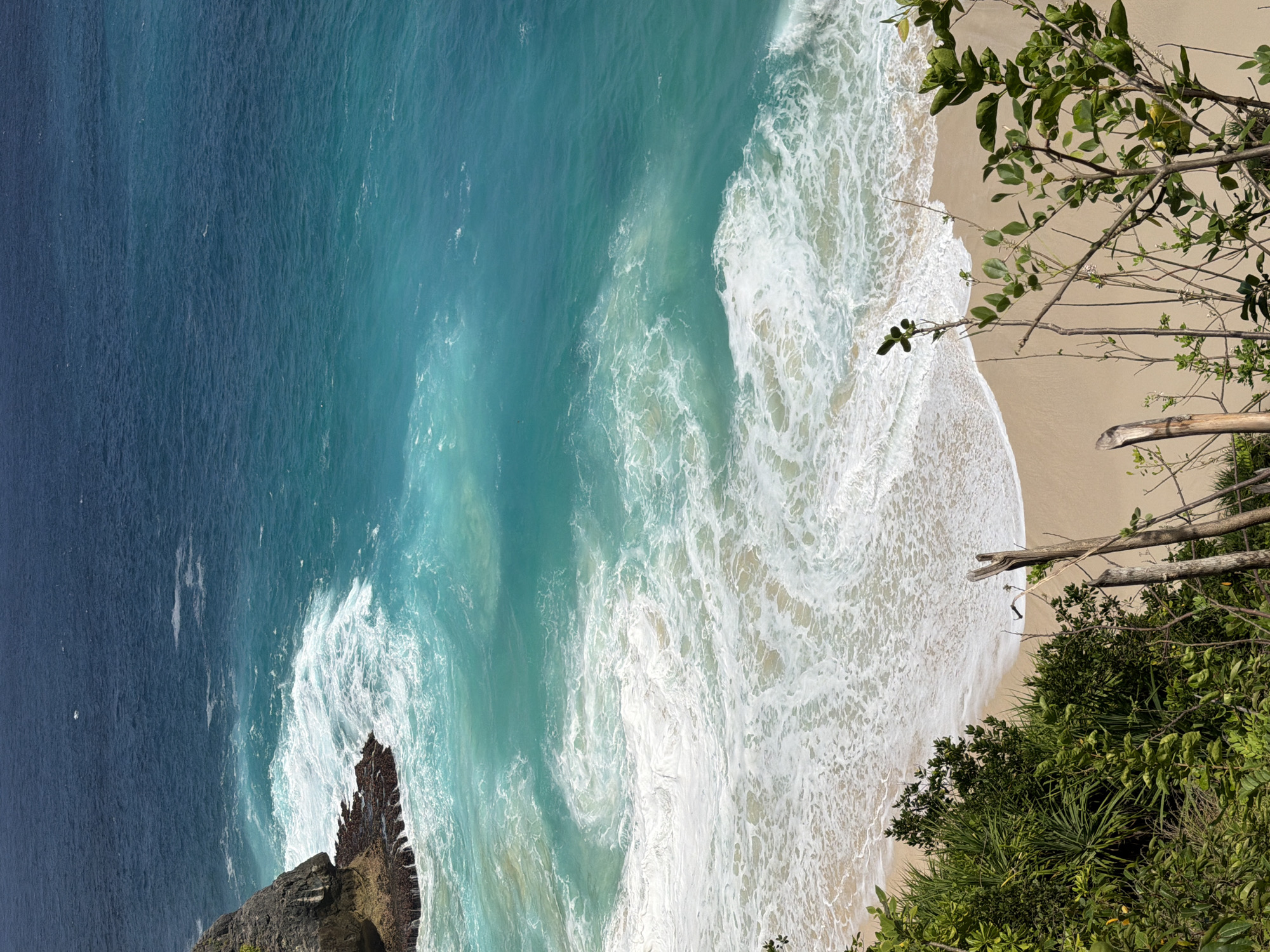 This is a high-angle, full-frame shot of the ocean and a beach on Nusa Penida, Indonesia. The water is a vibrant turquoise, transitioning to a deep blue in the distance. Waves crash onto the sandy shore, creating a foamy white surf. To the left, a rocky outcrop juts into the sea, with rough, dark-colored rocks. The foreground is dominated by lush green foliage and a few weathered wooden posts, suggesting a viewpoint from a cliff or elevated terrain overlooking the beach. The scene is natural and unpopulated, focusing on the elements of the coastal environment.
