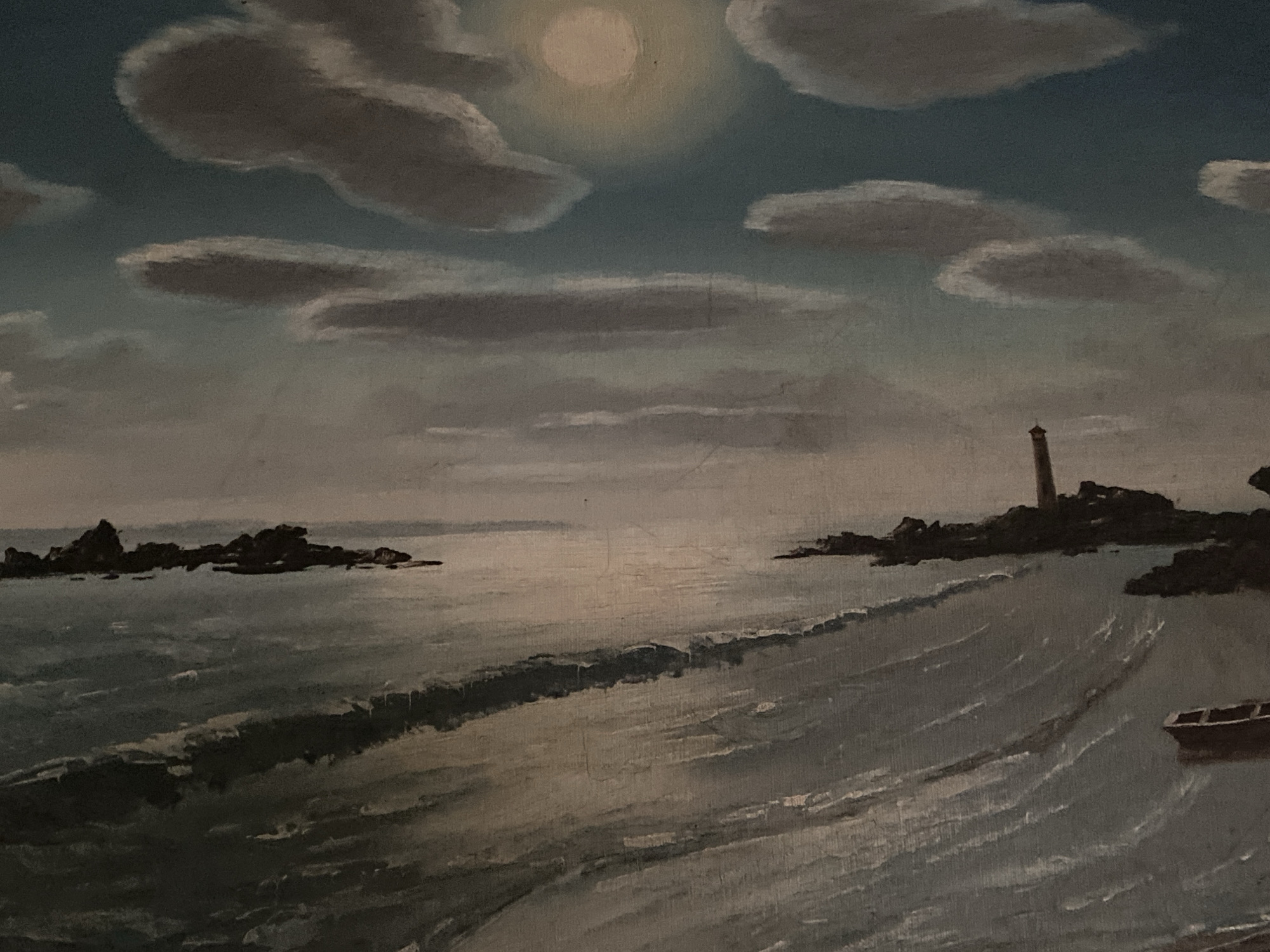 The image is a painting of a coastal scene, featuring a body of water with waves breaking on a shore. In the distance, a rocky outcrop is visible, topped with a lighthouse-like structure. To the right, what appears to be a small boat rests near the edge of the water. The sky is overcast with clouds and a depiction of the sun or moon. The painting's style appears to be impressionistic, with muted tones and visible brushstrokes. The location is not specified, and there is no evidence that it is in the city of Tinaquillo, Venezuela.