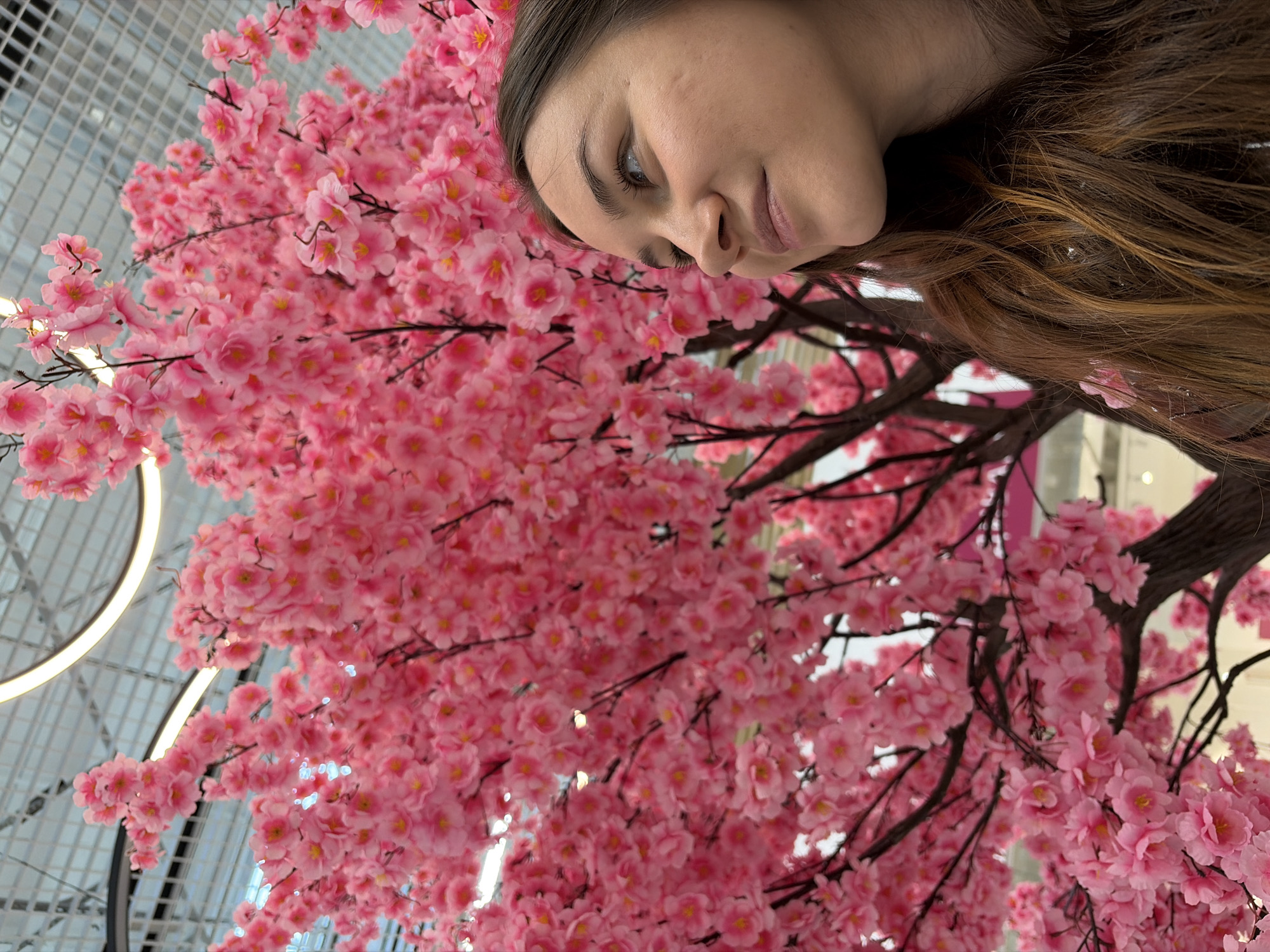 A woman is positioned to the right, her head and upper body visible. Her brown hair cascades down, and she gazes towards the upper left. A large, artificial cherry blossom tree is to the left and below her, its branches filled with pink blossoms. In the upper left and slightly visible in the lower right, are parts of a modern ceiling structure, including a circular light fixture. There is no clear evidence to establish the location as Izhevsk, Russia from this image alone.