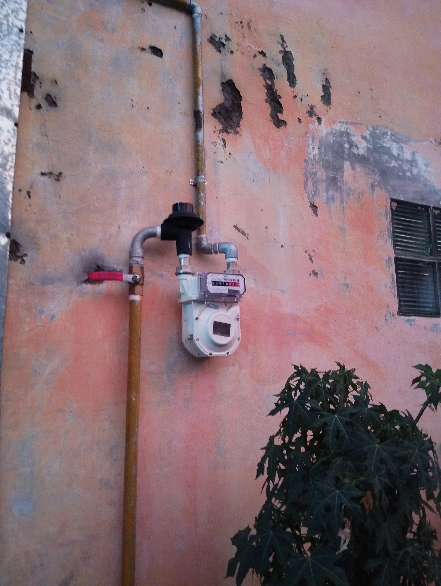 A close-up, low-angle outdoor shot captures a weathered, peach-colored wall in the city of Kepuh Kiriman, Indonesia. The wall exhibits signs of decay with patches of peeling paint and dark, irregular stains. Attached to the wall is a gas meter and associated piping. A yellow pipe runs vertically, and a horizontal pipe connects to a white gas meter with a digital display. A red-handled valve is visible on one of the pipes. To the right, a small window with dark horizontal blinds is set into the wall. In the foreground, the dark green, deeply lobed leaves of a plant, possibly a papaya tree, obscure the bottom portion of the image. The lighting suggests it may be dusk or dawn.