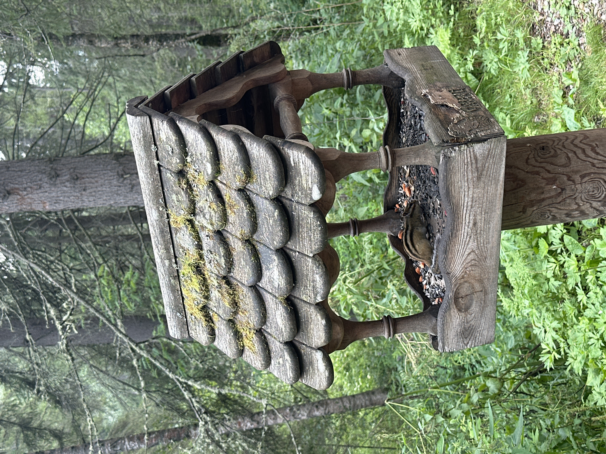 A chipmunk is eating seeds from a wooden bird feeder in a forest. The feeder has a shingled roof covered in moss and is supported by four carved wooden legs. The feeder is mounted on a thick wooden post. The surrounding environment is lush with green foliage and tall trees.