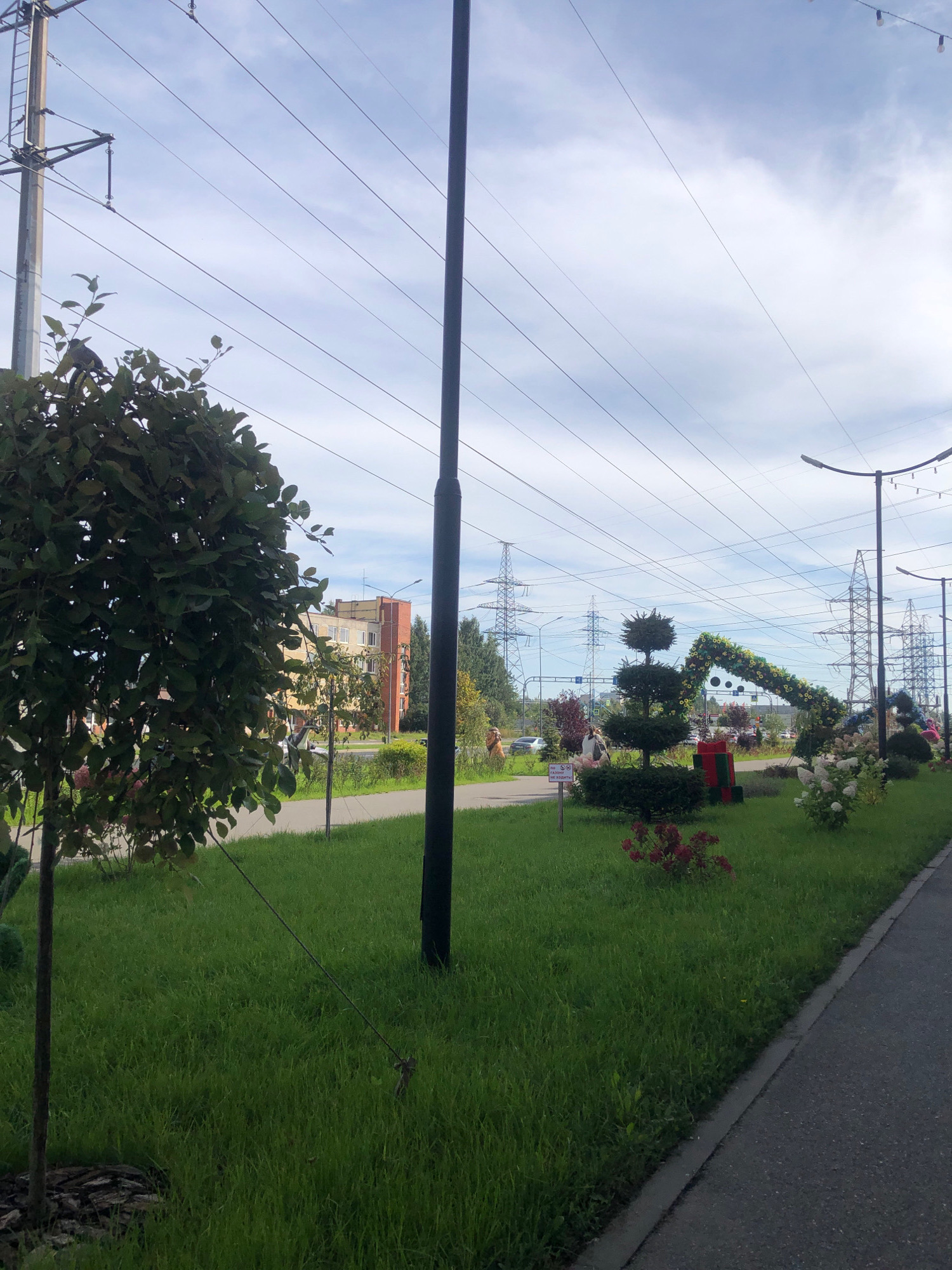 The image depicts a street scene in Pargolovo, Russia, likely in a residential or park area. A well-maintained lawn borders a paved walkway and street. Several elements of urban infrastructure are visible, including tall utility poles with numerous overhead wires, streetlights, and distant power transmission towers. The vegetation includes a large, round-topiary tree on the left, a smaller, conical topiary in the center adorned with floral decorations forming an arch, and various flowering shrubs and bushes. In the background, a multi-story building with a brick accent is situated behind a line of trees. Two individuals are visible in the middle ground: one wearing an orange hat, and another walking away from the camera. A red and green gift box decoration is placed near the center of the scene. The sky is partly cloudy, with a bright, overcast appearance. The overall impression is of an outdoor public space, possibly decorated for an event, with a mix of natural elements and modern urban infrastructure.
