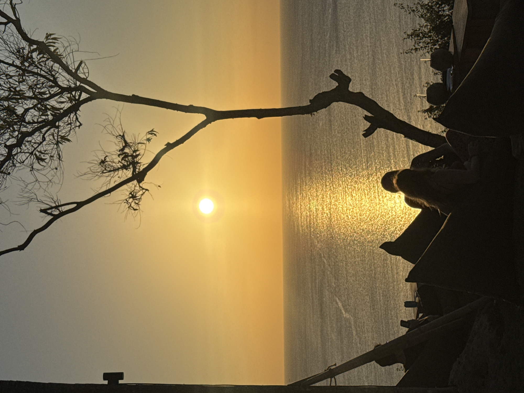 A silhouetted scene captures a serene sunset over the ocean in Kuta Selatan, Indonesia. The sun, a bright orb, hangs low in the sky, casting a golden, shimmering path across the water. In the foreground, the dark silhouettes of beanbag chairs and people create a sense of relaxed ambiance. A bare tree with gnarled branches extends upwards, framing the view. Two individuals are seated, their forms indistinct against the vibrant backdrop. The calm sea stretches to the horizon, meeting a gradient sky of soft yellow and pale blue. The overall impression is one of peaceful twilight enjoyment.