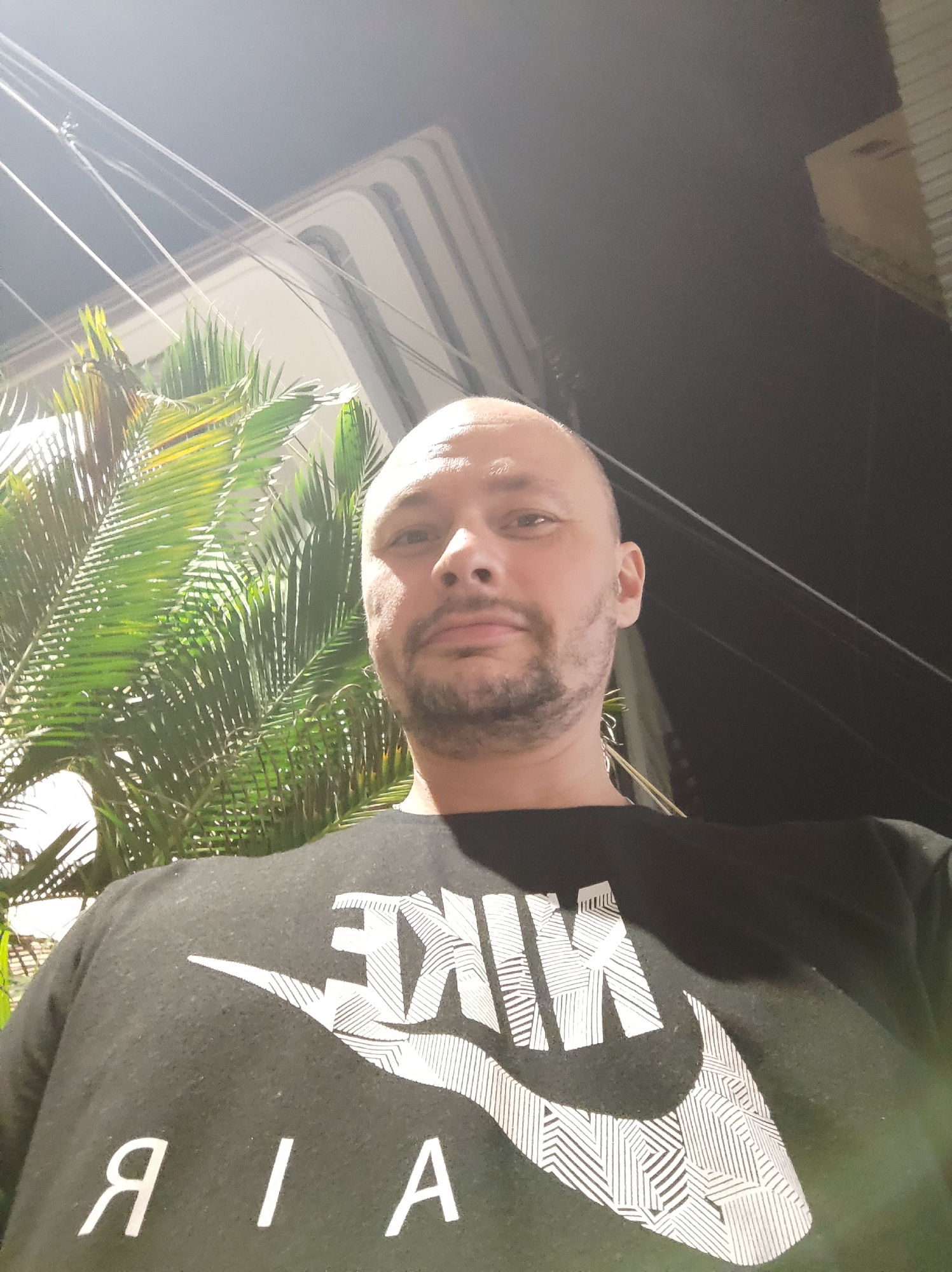This is a selfie of a bald man with stubble, wearing a black Nike sweatshirt. He is positioned in the foreground, with lush green palm fronds to his left. In the background, a building with arched windows and power lines are visible. The lighting suggests it is either dusk or nighttime, with artificial lights illuminating the scene. The man has a neutral expression. The text "NIKE" and "AIR" is visible on his sweatshirt. The location context is Nha Trang Ward, Vietnam.
