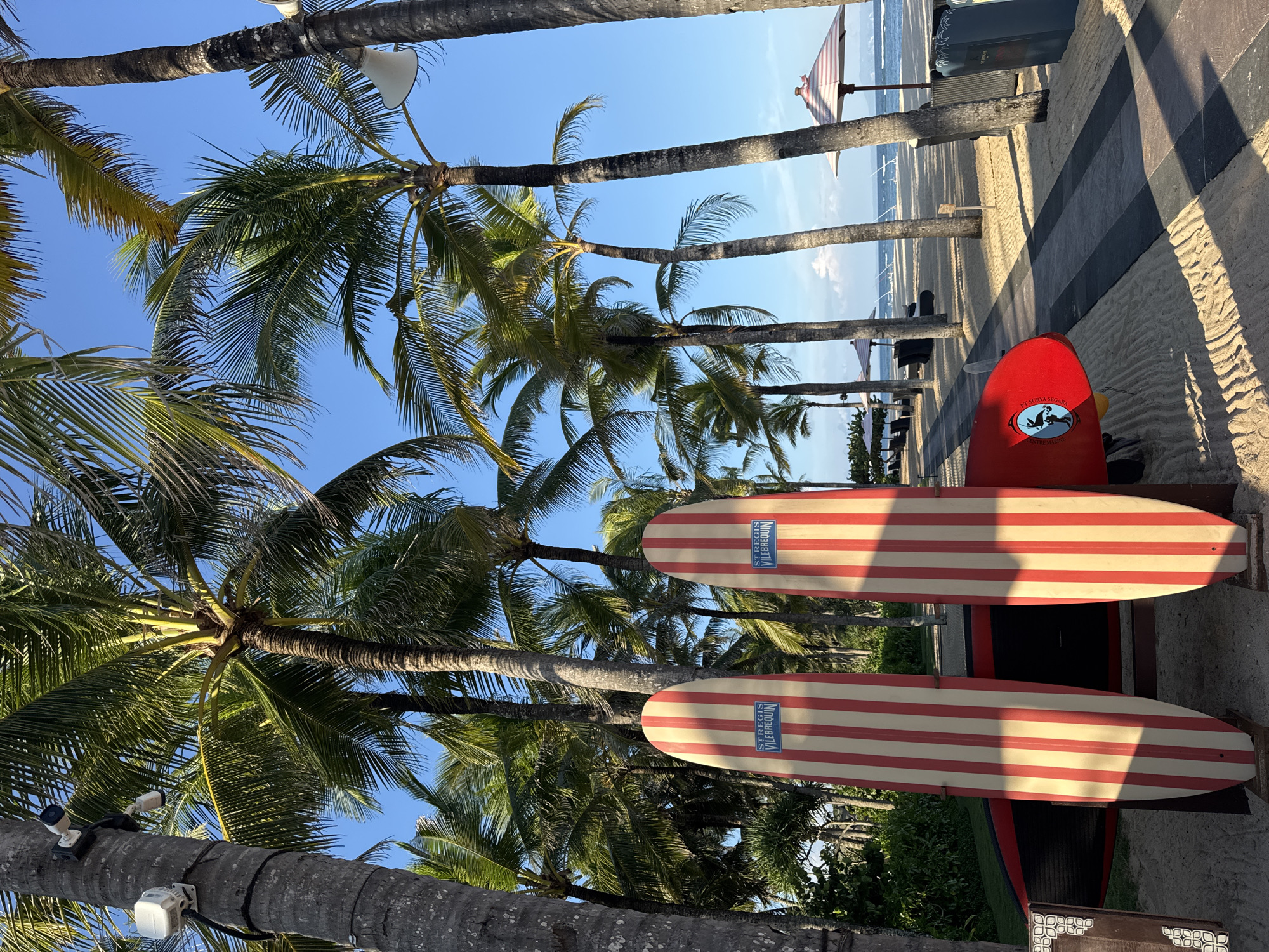 The image depicts a tropical scene, possibly a beach resort, in an undetermined location in Indonesia. The foreground features two surfboards with red and white stripes, leaning against a dark wooden structure. Behind them, a red surfboard is visible. Several palm trees with lush green foliage frame the scene against a clear blue sky. In the distance, the beach and ocean are visible. The scene appears to be set along a walkway, with alternating black and light-colored tiles. The camera is positioned at a low angle, looking upwards toward the sky.