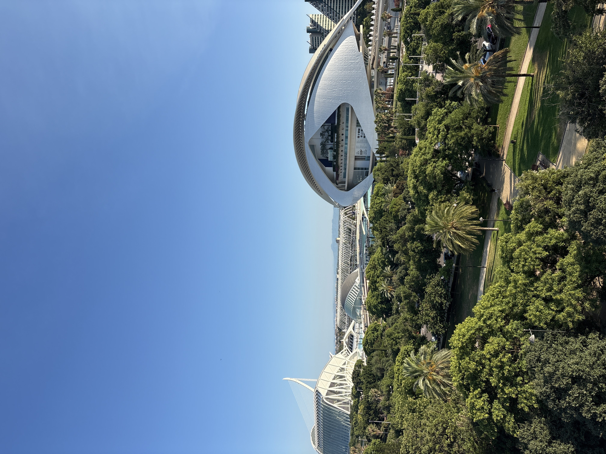 The image displays a wide-angle view of the City of Arts and Sciences complex in Valencia, Spain, on a clear, sunny day with a vivid blue sky. The foreground is dominated by lush green trees and palm trees, with a park area visible featuring walking paths, benches, and a street lamp.
In the mid-ground, the striking architecture of the City of Arts and Sciences is prominent. To the left, the Palau de les Arts Reina Sofía, a performing arts center, is visible with its distinctive sail-like structure and a large white suspension bridge. To the right, the Hemisfèric, an IMAX cinema and planetarium designed to resemble an eye, stands out with its curved, metallic facade. Other buildings within the complex, including what appears to be the Museu de les Ciències Príncipe Felipe, a science museum, are also visible in the background.
The environment suggests a well-maintained public space. The lighting indicates it is daytime, likely morning or afternoon, given the presence of shadows. There are no prominent human figures in the scene, though the presence of paved paths and benches suggests pedestrian activity. A few cars are parked near the edge of the park area. The overall impression is one of modern architectural marvels set amidst a verdant urban parkland.